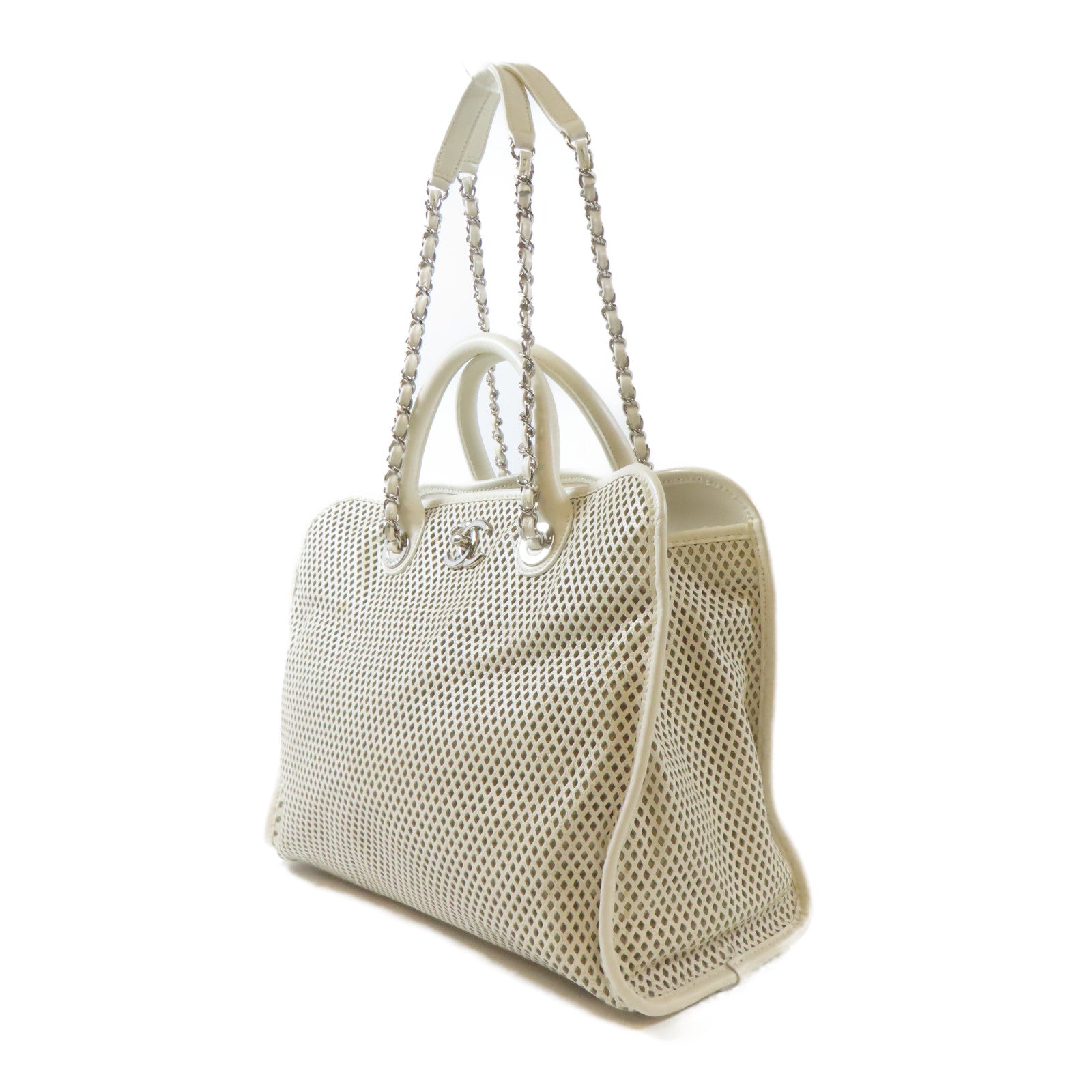 CHANEL 牛皮皮革Chain Shoulder Bag銀扣手挽肩背兩用袋白色