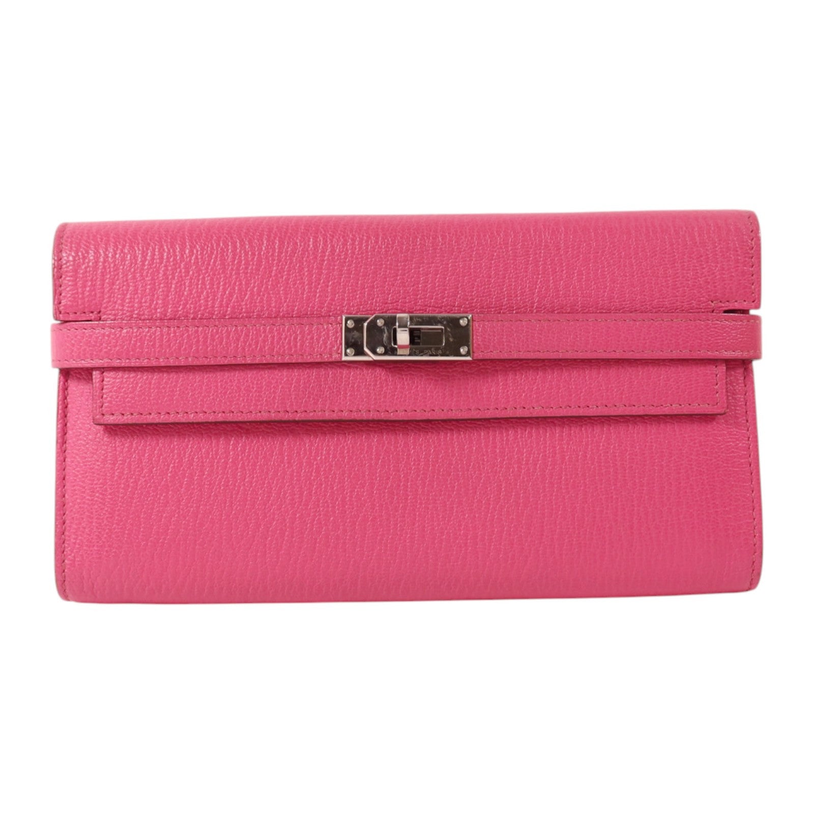 HERMES Chevre皮革Kelly Long Wallet銀扣長錢包Rose Mexico
