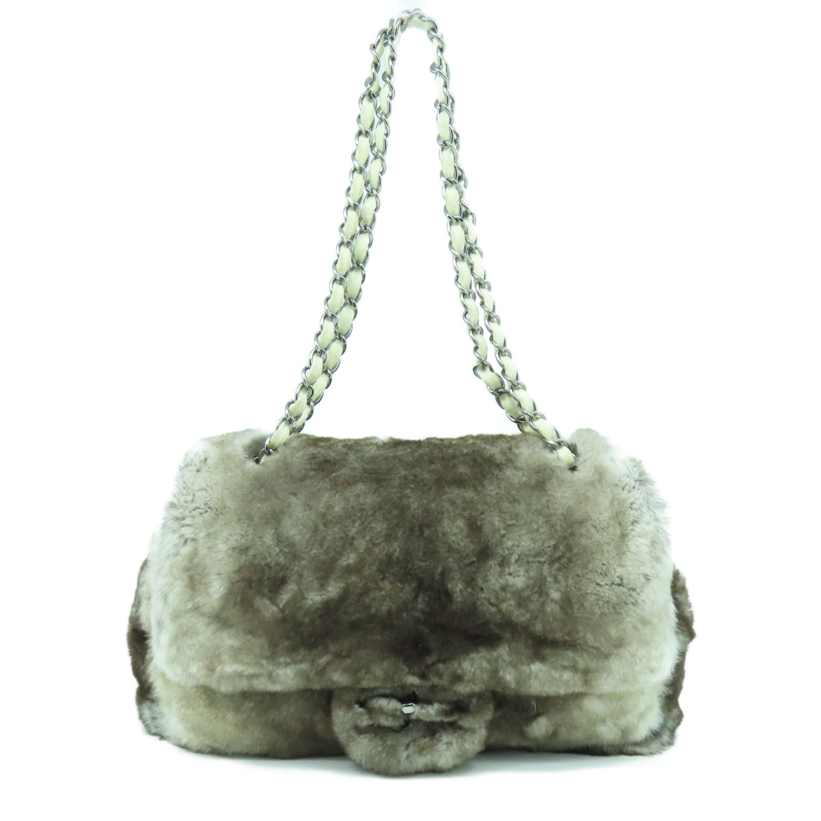 CHANEL 【激減優惠】Fur Chain Shoulder Bag銀扣鏈帶肩背袋啡色/白色