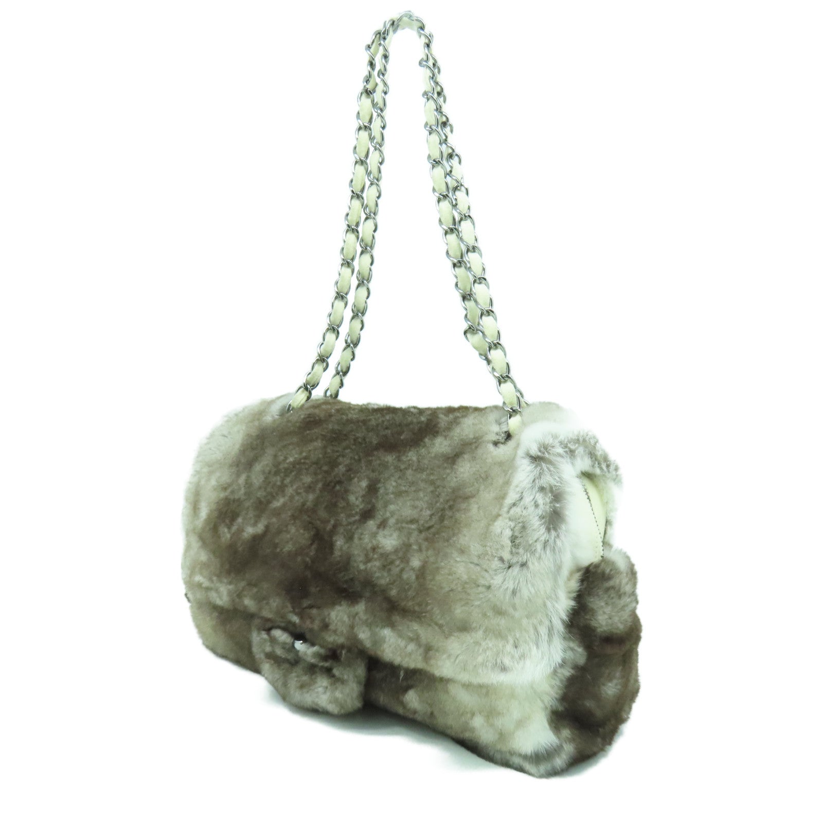 CHANEL 【激減優惠】Fur Chain Shoulder Bag銀扣鏈帶肩背袋啡色/白色