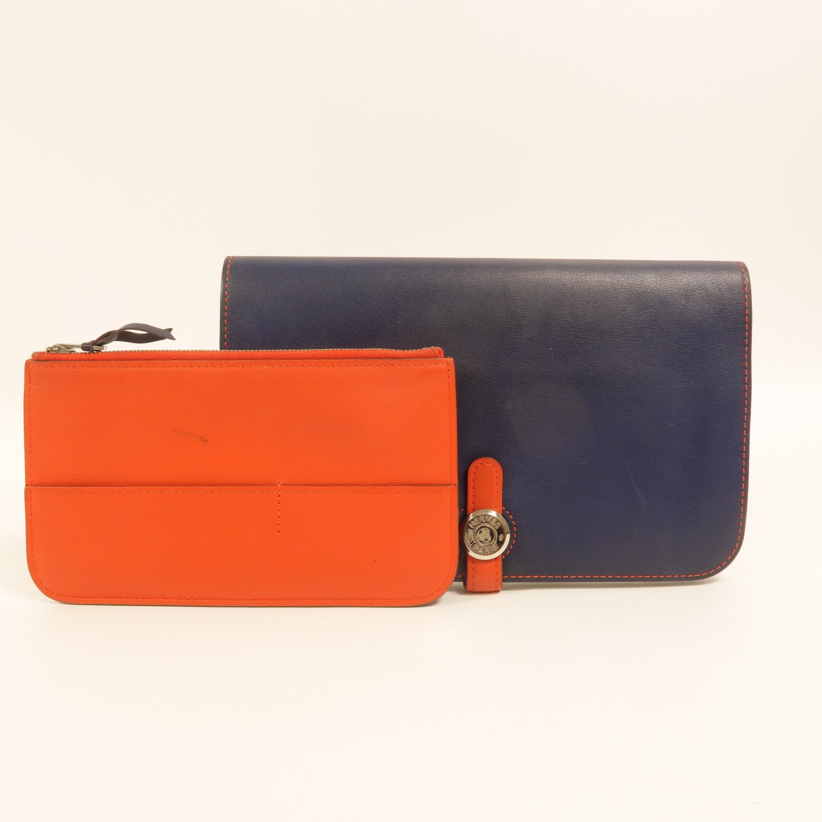 HERMES Swift皮革Dogon GM長錢包Bleu Marine/Feu