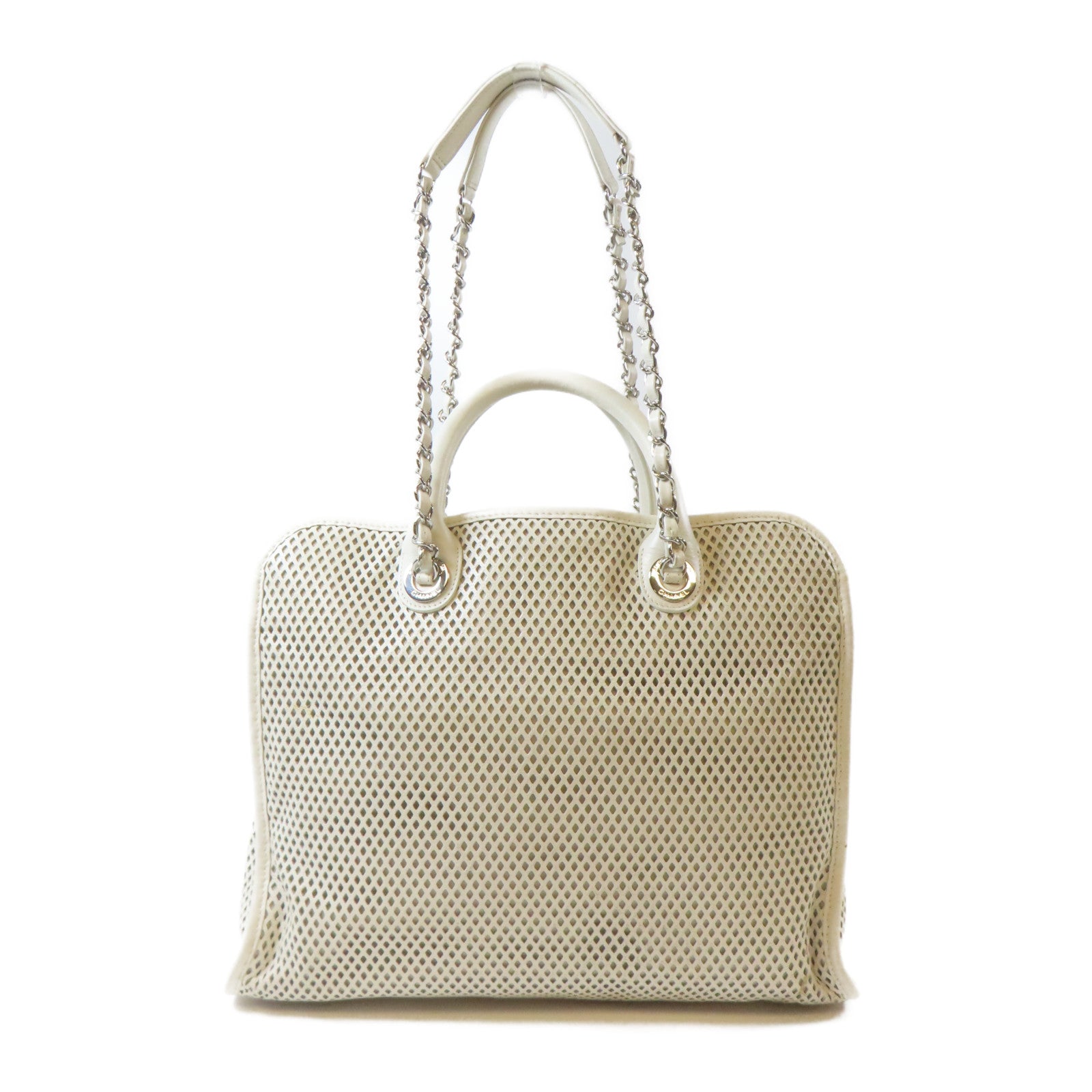 CHANEL 牛皮皮革Chain Shoulder Bag銀扣手挽肩背兩用袋白色