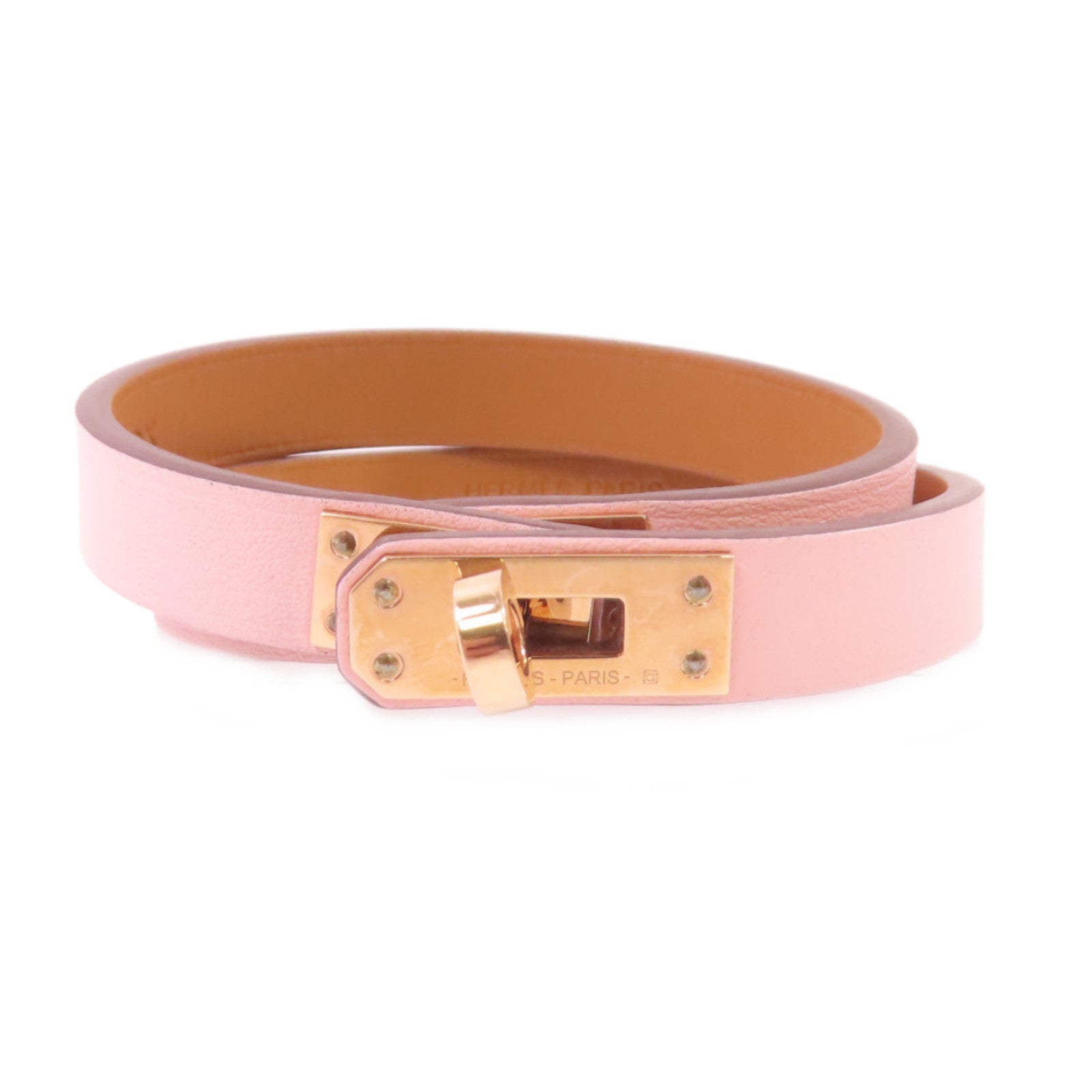 HERMES Swift皮革Kelly Double Tour Bracelet金扣手鏈粉紅色