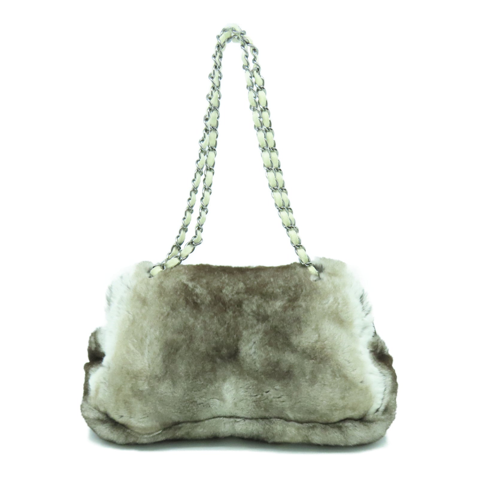 CHANEL 【激減優惠】Fur Chain Shoulder Bag銀扣鏈帶肩背袋啡色/白色