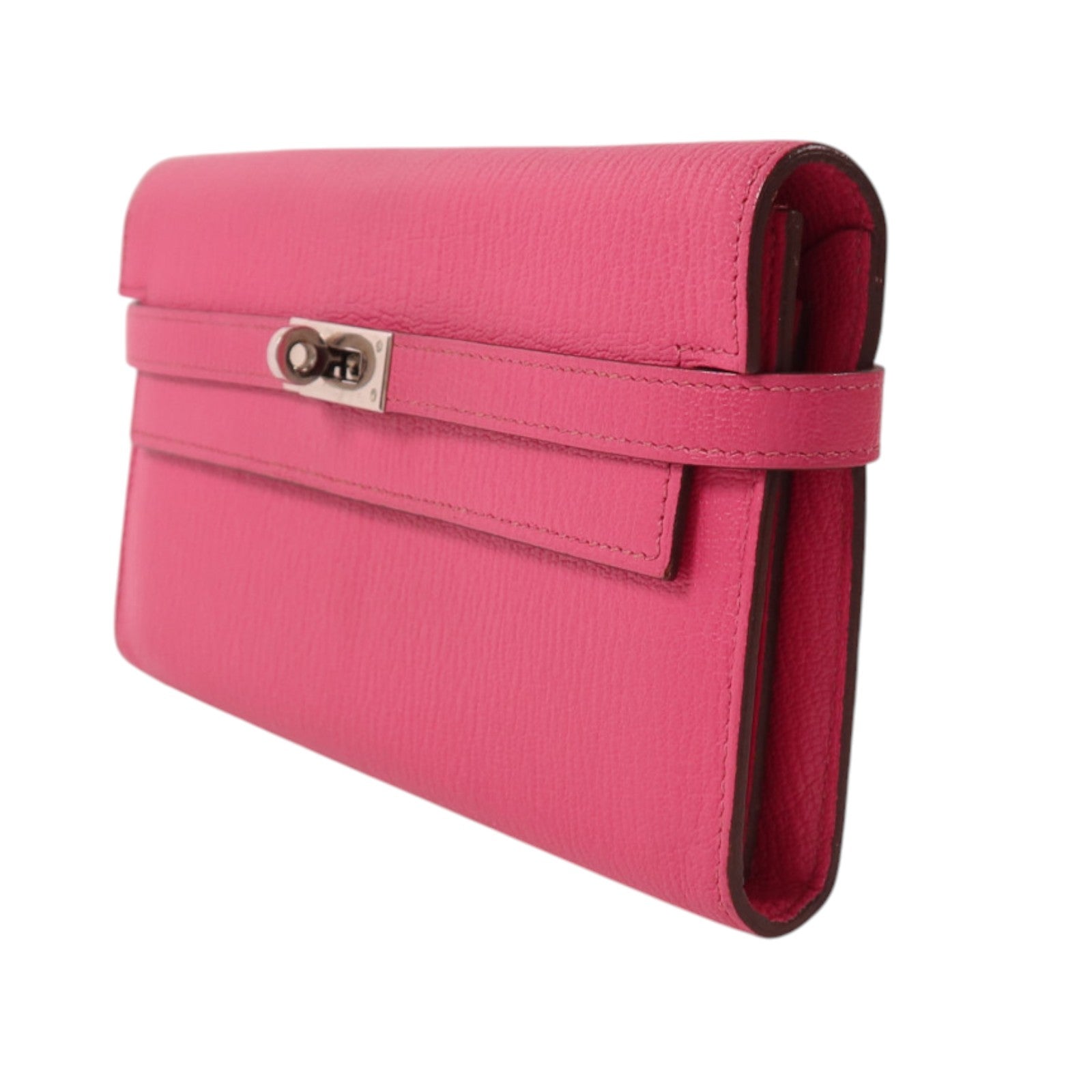 HERMES Chevre皮革Kelly Long Wallet銀扣長錢包Rose Mexico