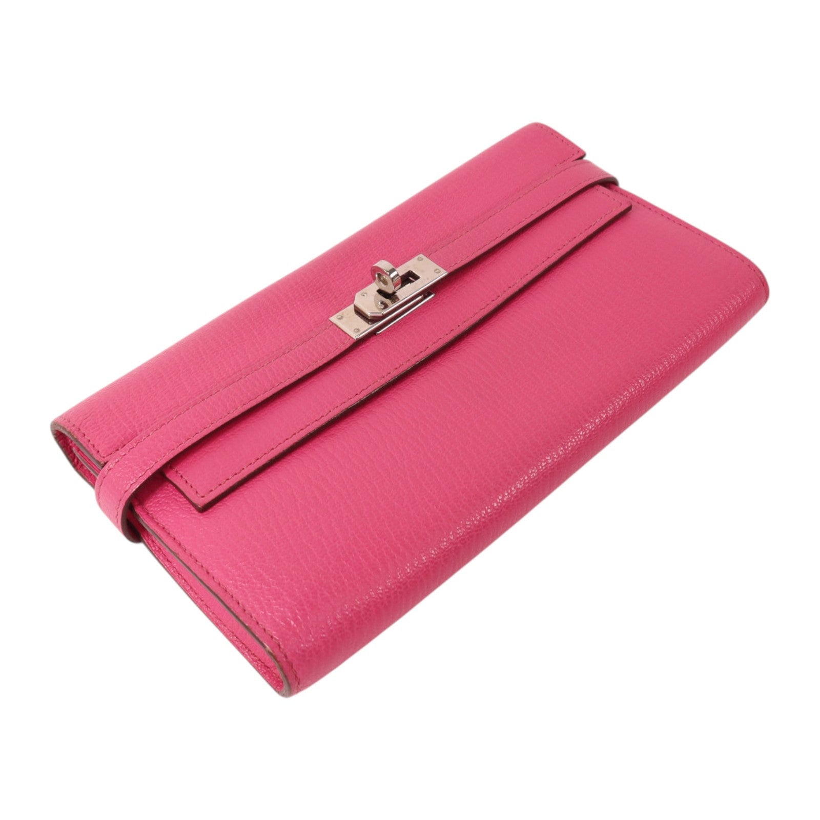 HERMES Chevre皮革Kelly Long Wallet銀扣長錢包Rose Mexico
