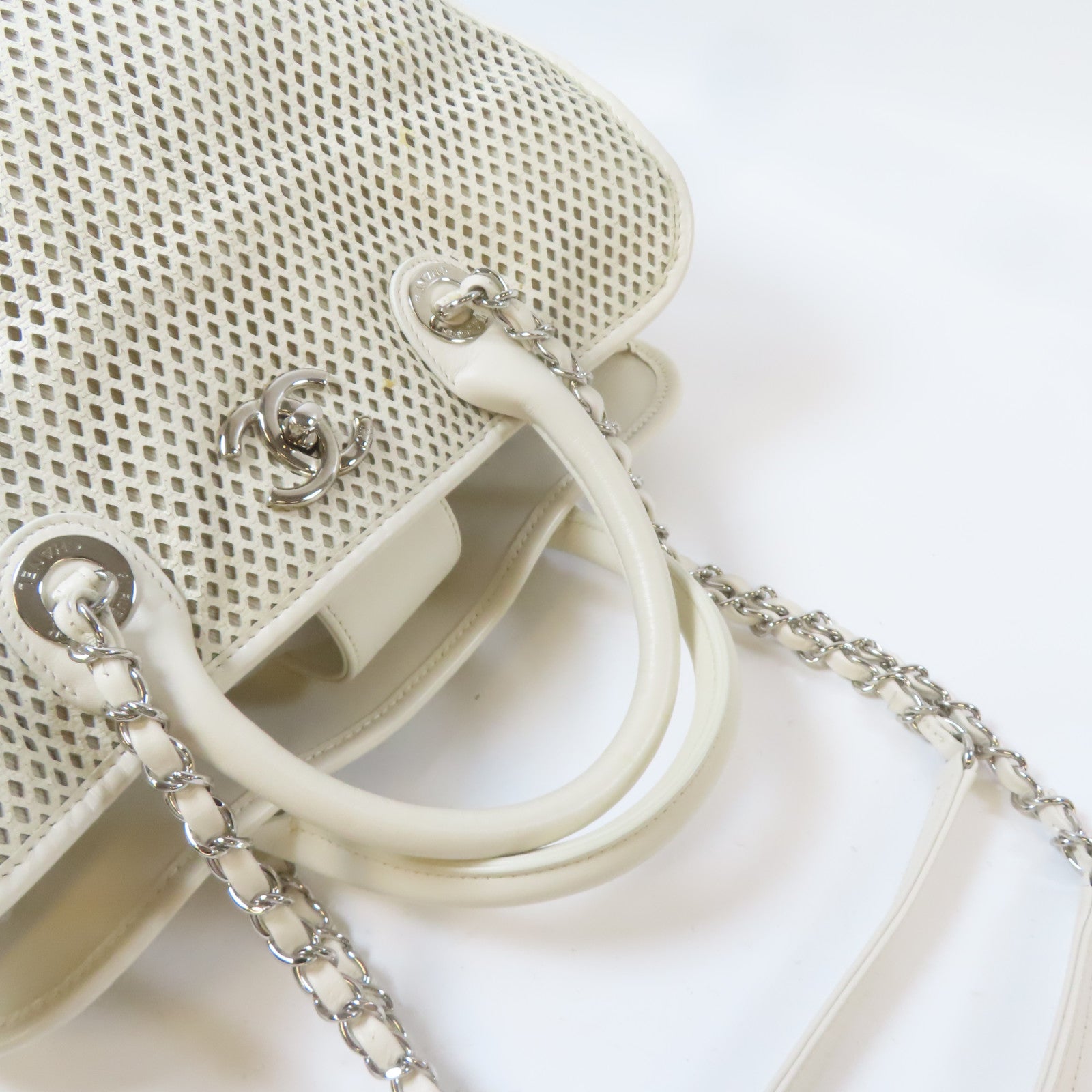 CHANEL 牛皮皮革Chain Shoulder Bag銀扣手挽肩背兩用袋白色
