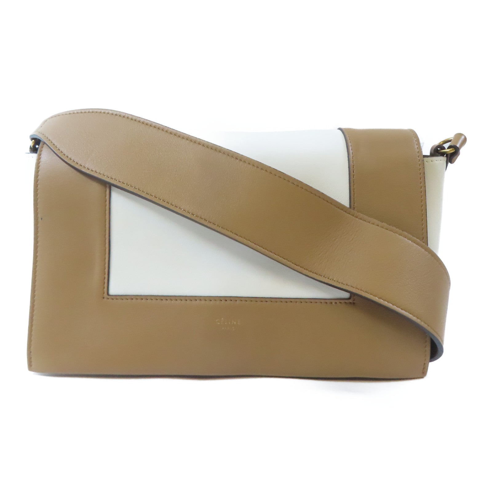 CELINE 牛皮皮革Frame Shoulder Bag金扣肩背袋棕色/白色