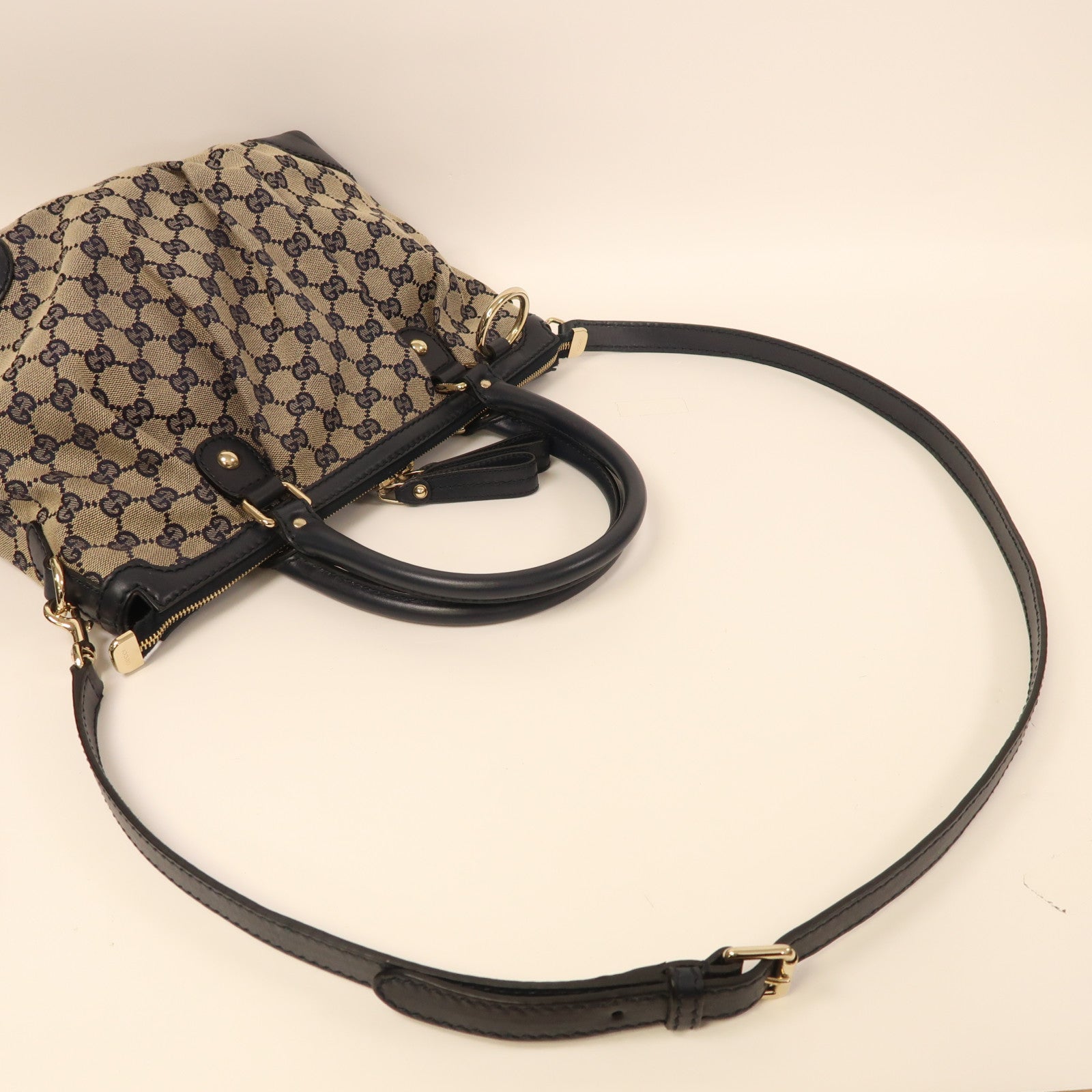 GUCCI 帆布2 Way Shoulder金扣手挽肩背兩用袋米色/藍色