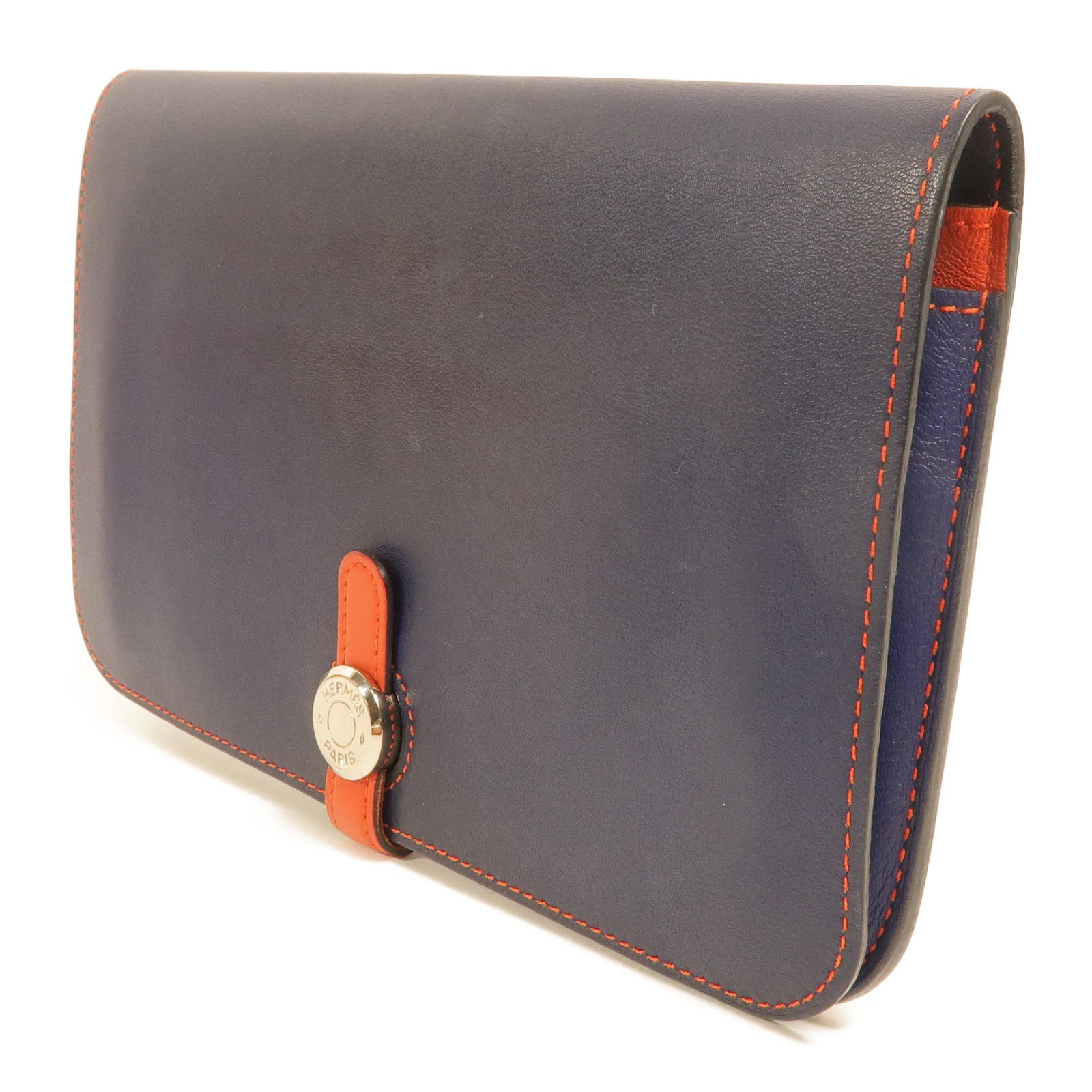 HERMES Swift皮革Dogon GM長錢包Bleu Marine/Feu