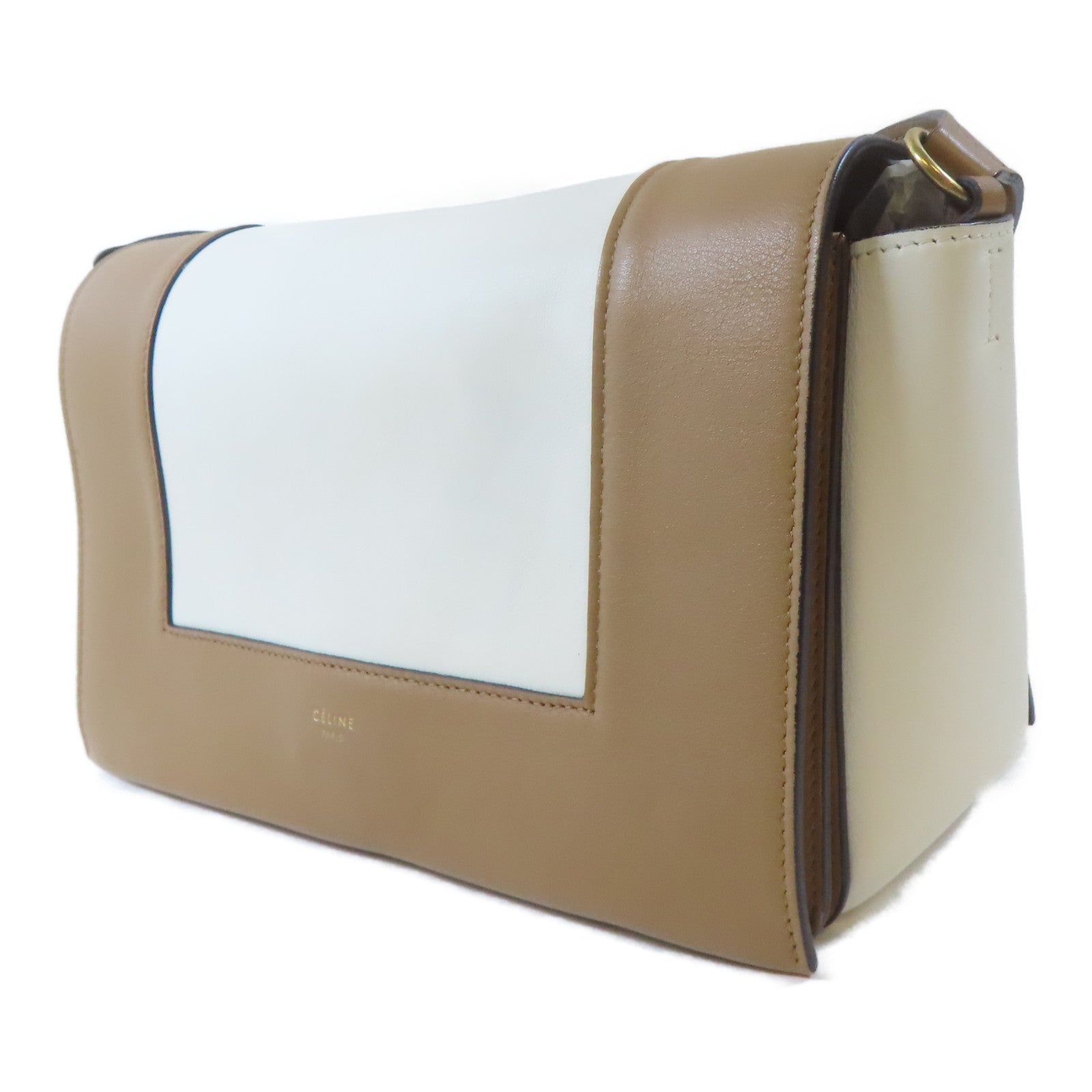CELINE 牛皮皮革Frame Shoulder Bag金扣肩背袋棕色/白色