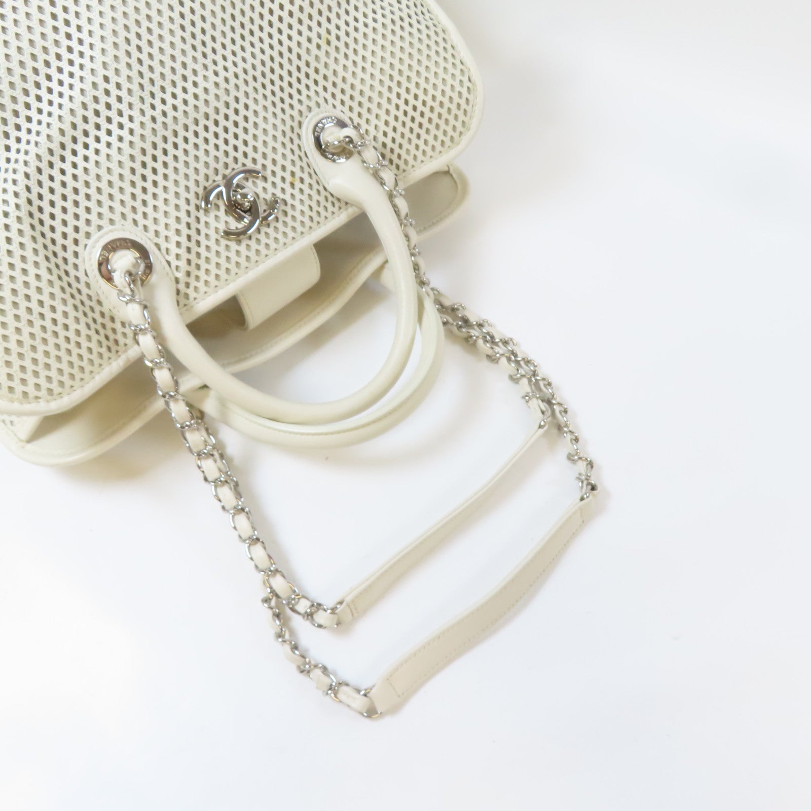 CHANEL 牛皮皮革Chain Shoulder Bag銀扣手挽肩背兩用袋白色