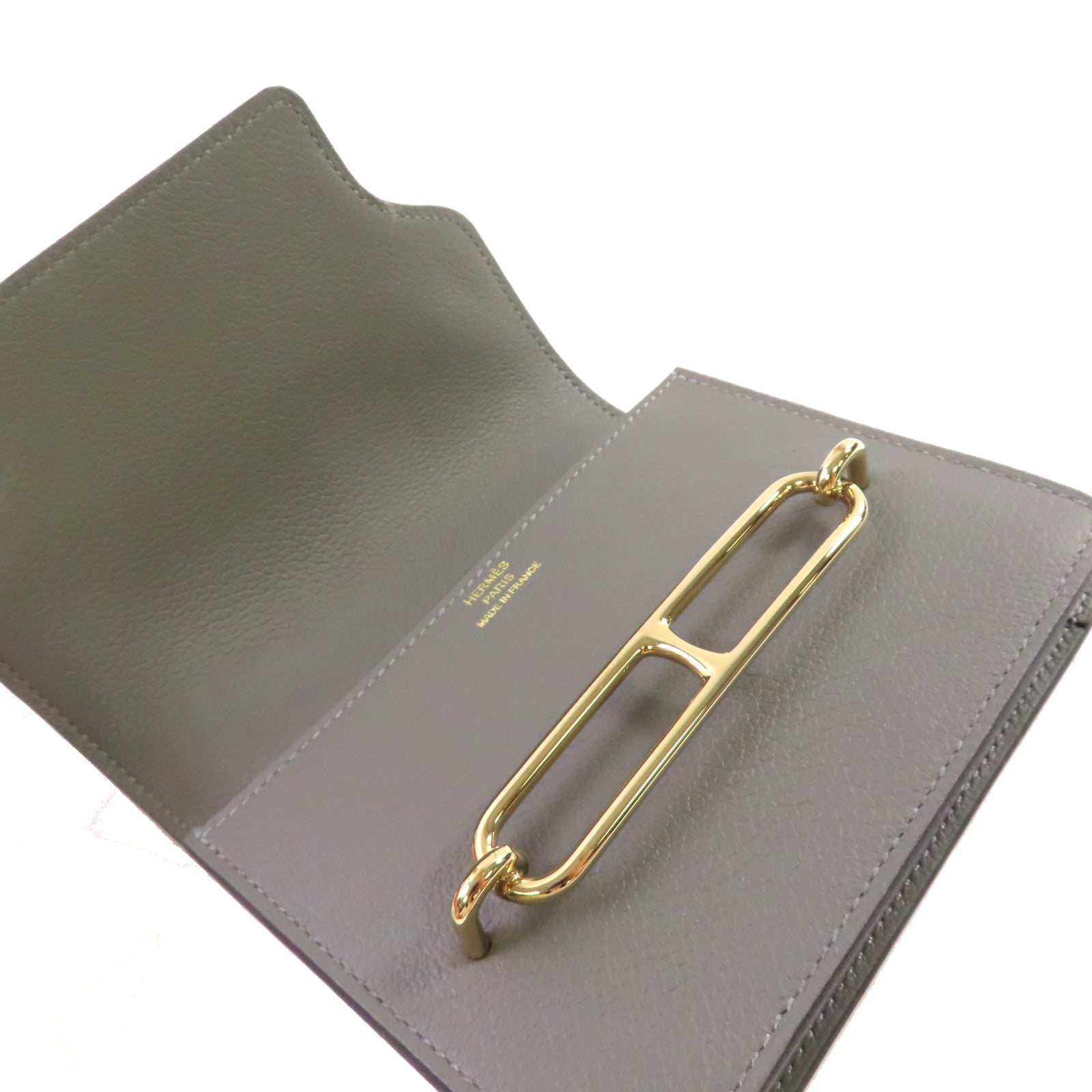 HERMES Evercolor皮革Roulis Slim Belt Wallet金扣短錢包Gris Meyer積雨雲灰色