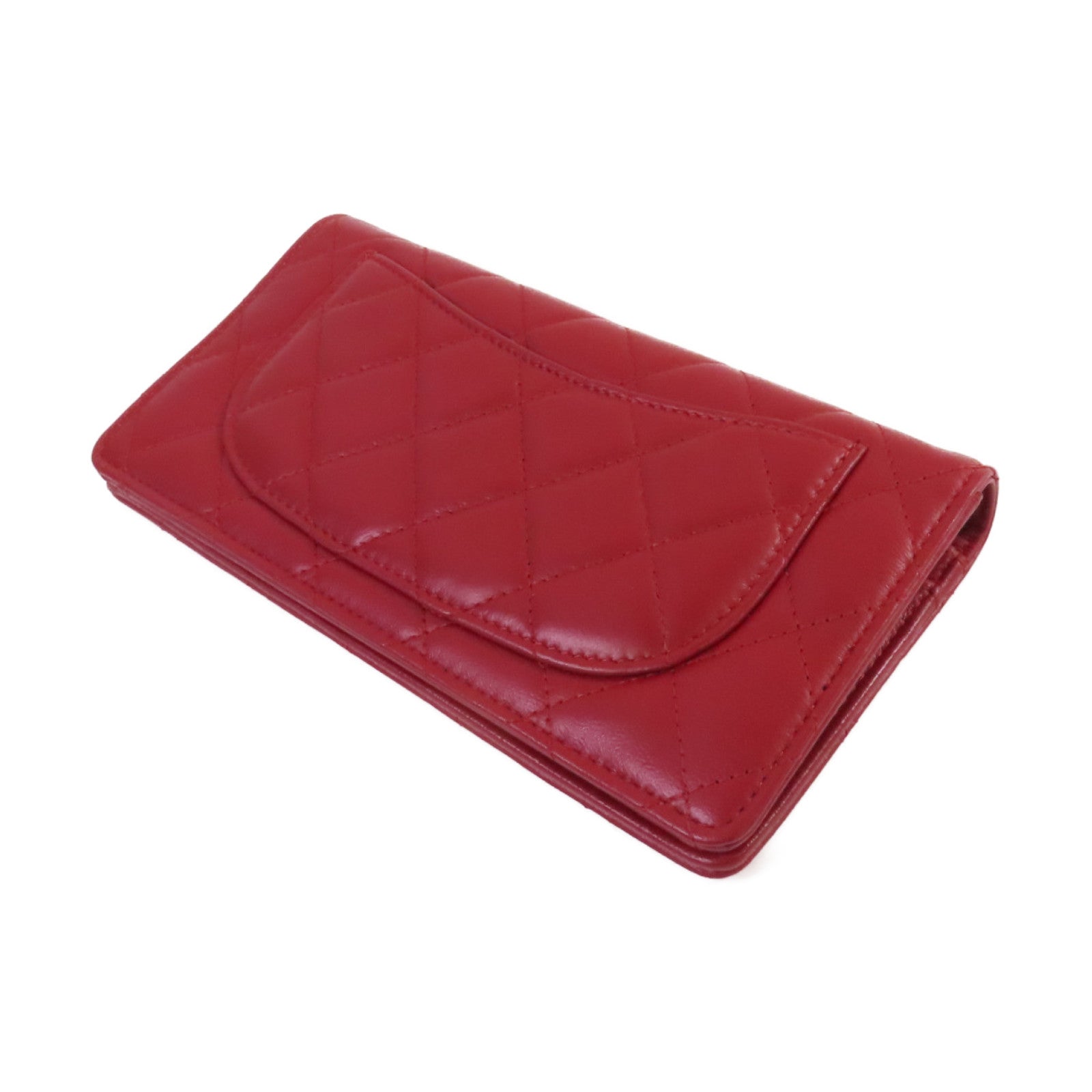 CHANEL 菱格羊皮皮革Long Wallet銀扣長錢包紅色