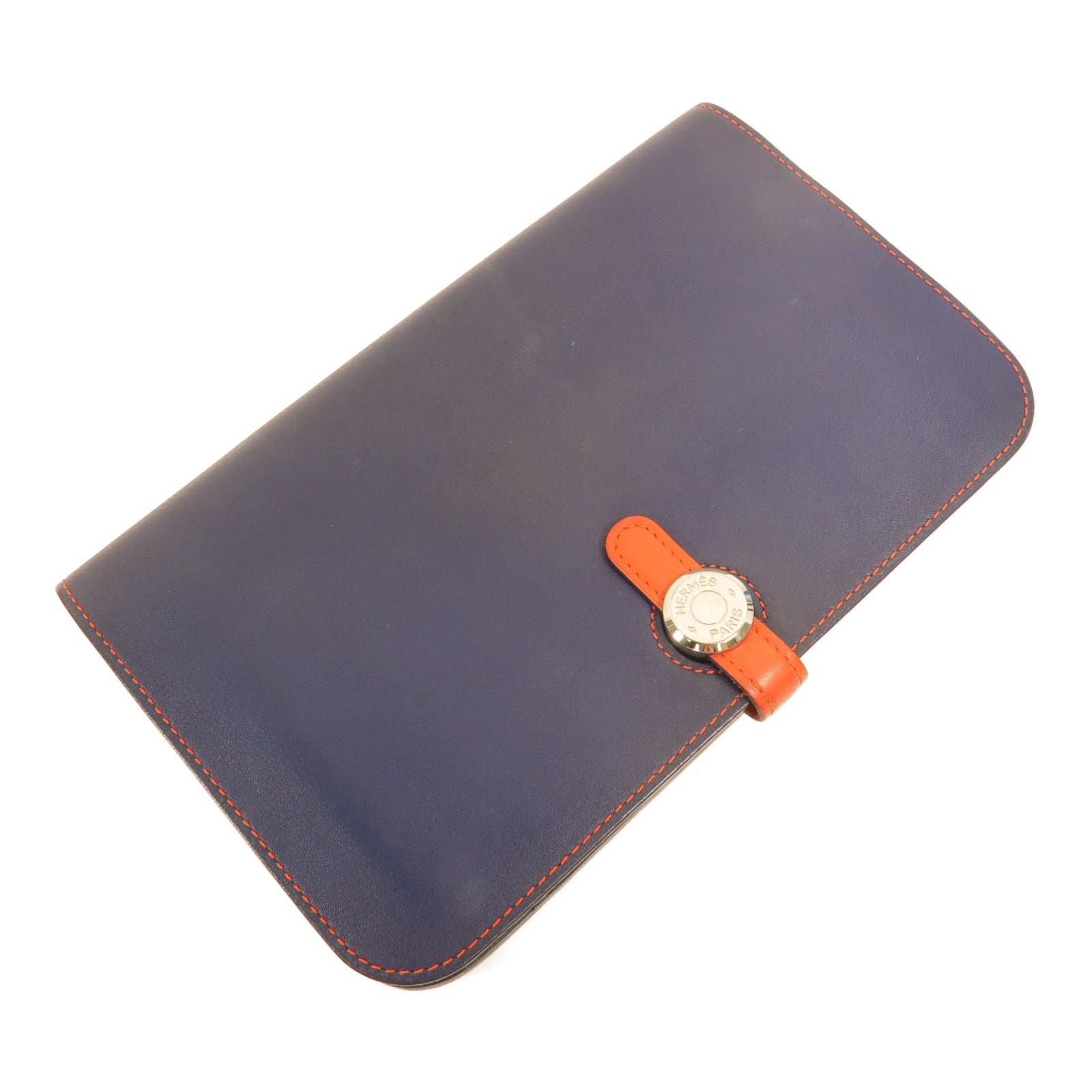 HERMES Swift皮革Dogon GM長錢包Bleu Marine/Feu