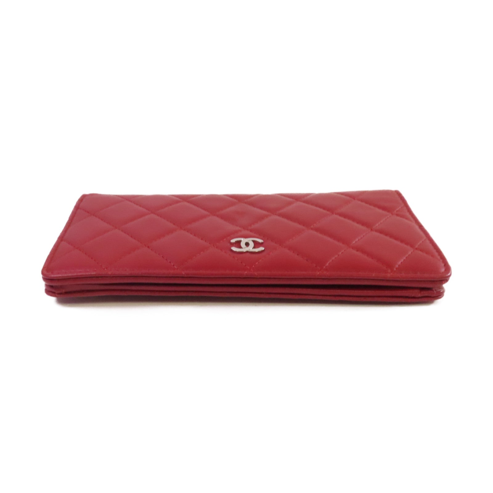 CHANEL 菱格羊皮皮革Long Wallet銀扣長錢包紅色