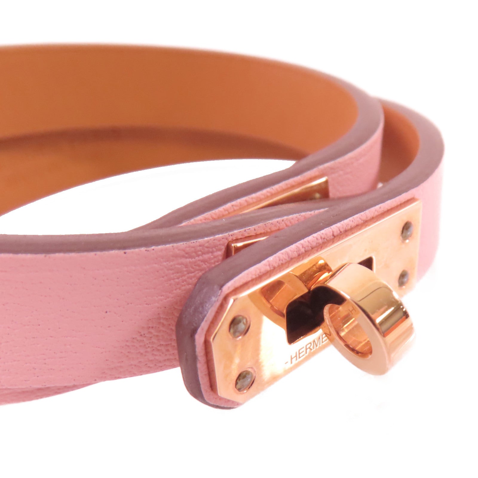 HERMES Swift皮革Kelly Double Tour Bracelet金扣手鏈粉紅色