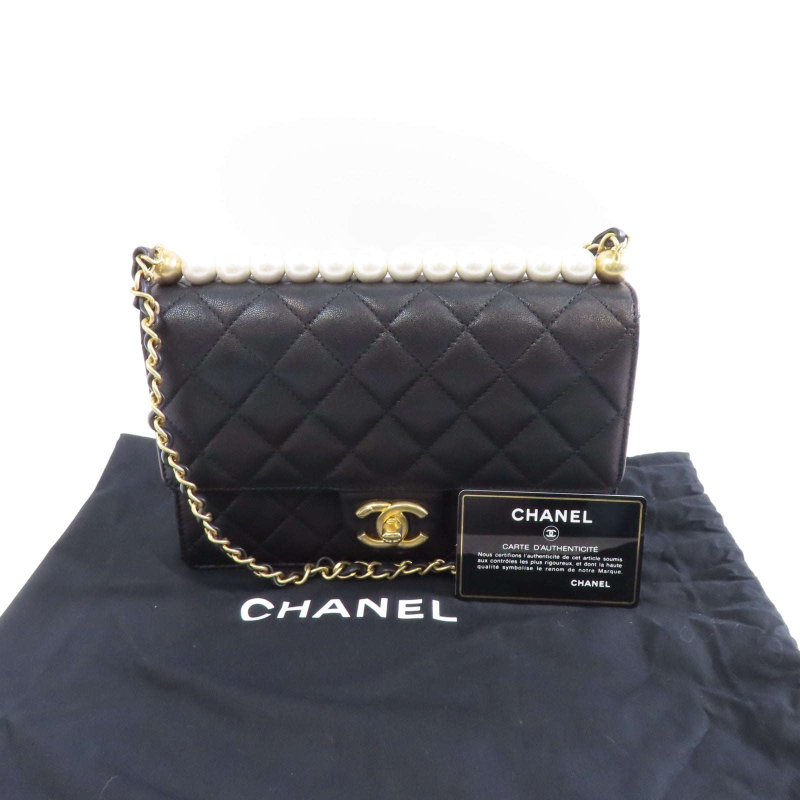 CHANEL 菱格牛皮皮革Chain Shoulder金扣鏈帶肩背袋黑色