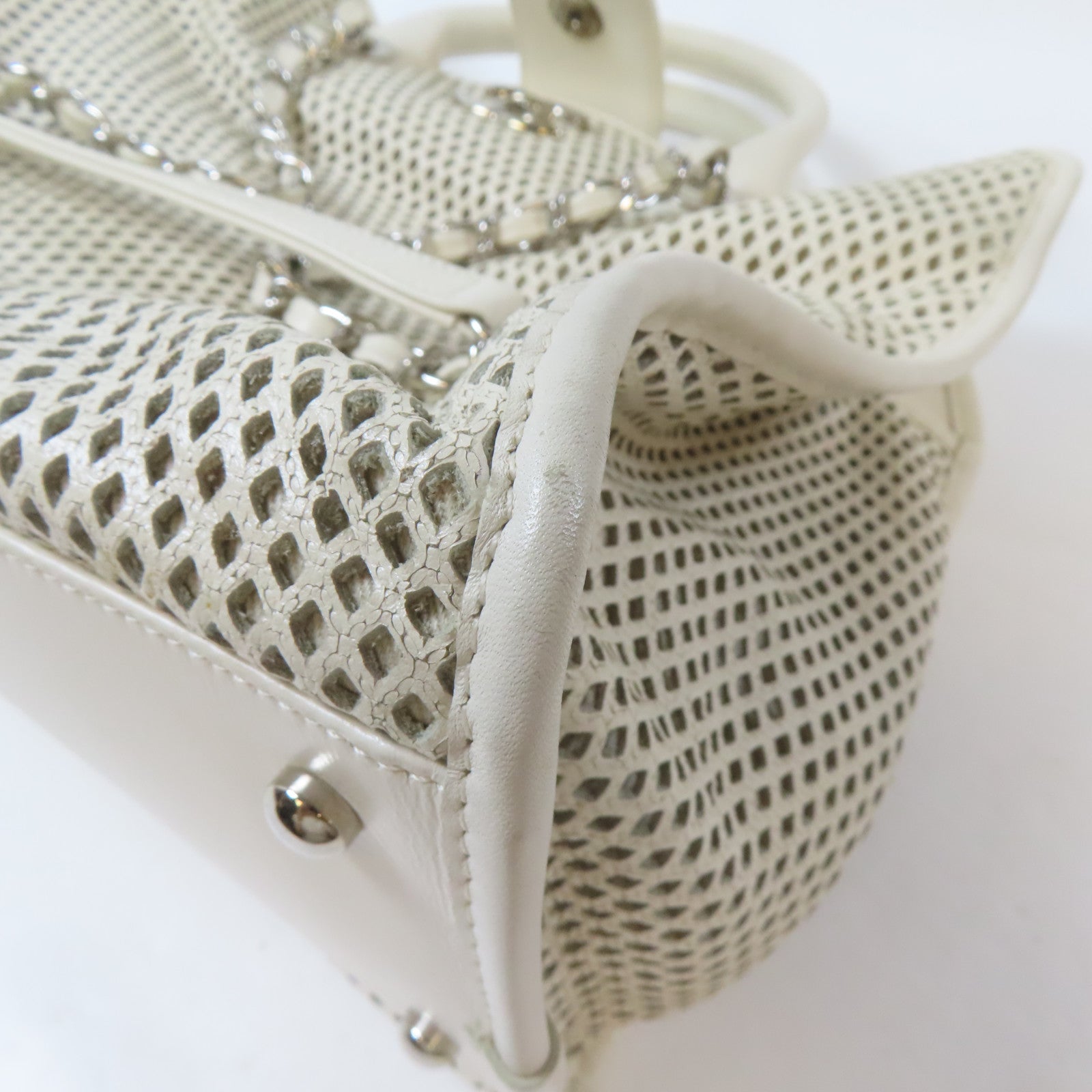 CHANEL 牛皮皮革Chain Shoulder Bag銀扣手挽肩背兩用袋白色