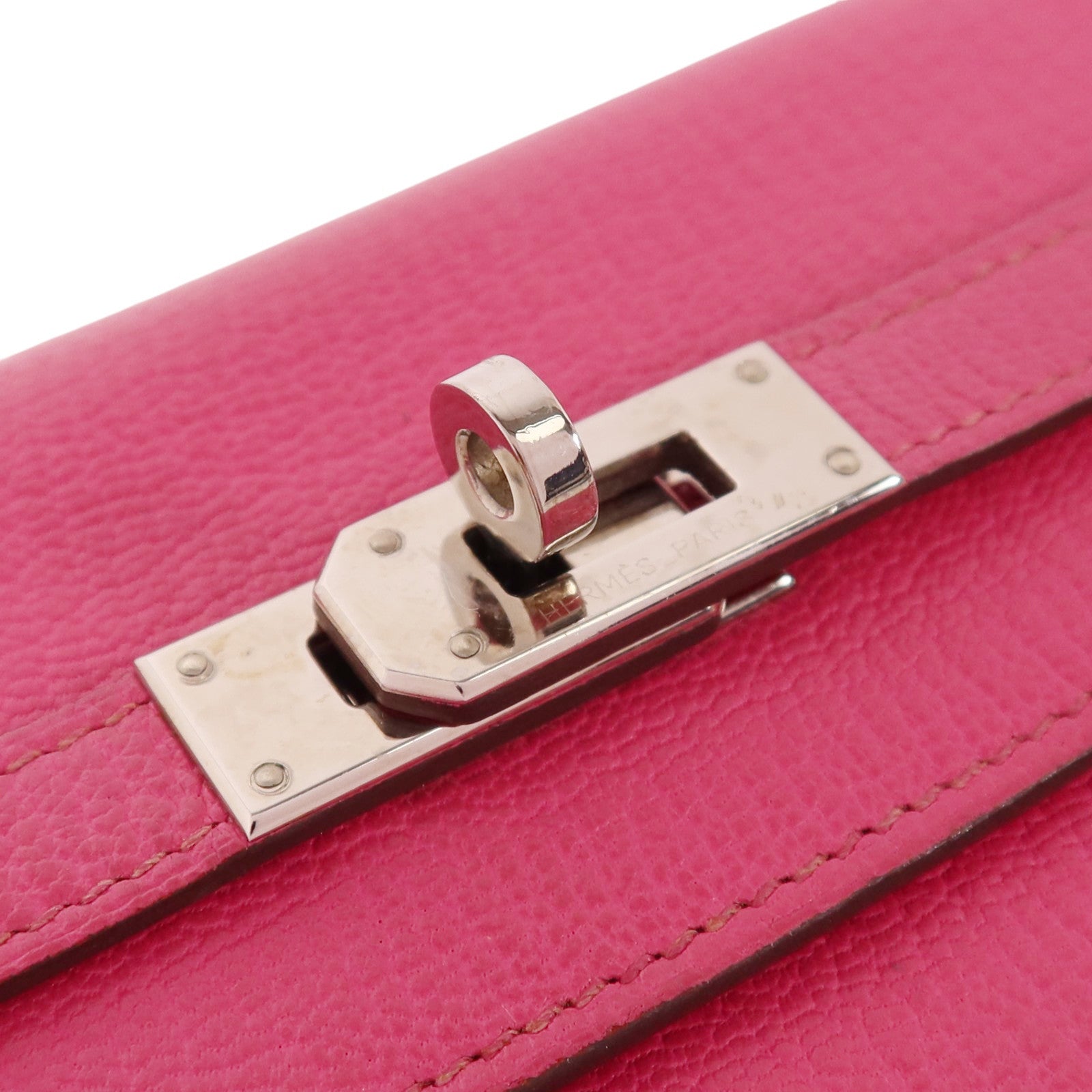 HERMES Chevre皮革Kelly Long Wallet銀扣長錢包Rose Mexico