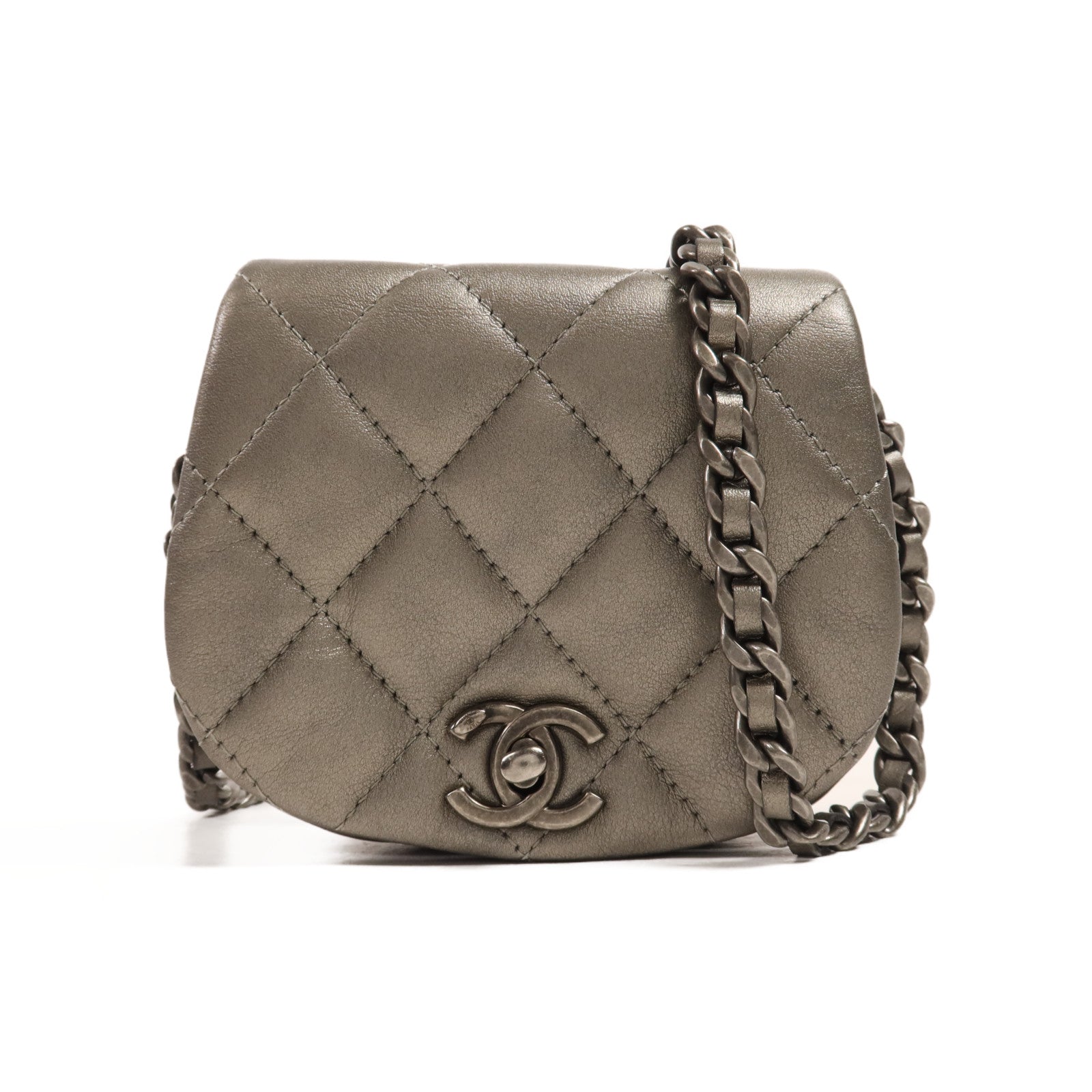 CHANEL 牛皮皮革Chain Shoulder銀扣鏈帶肩背袋