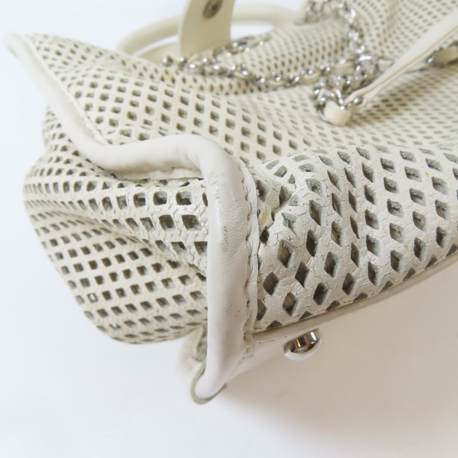 CHANEL 牛皮皮革Chain Shoulder Bag銀扣手挽肩背兩用袋白色