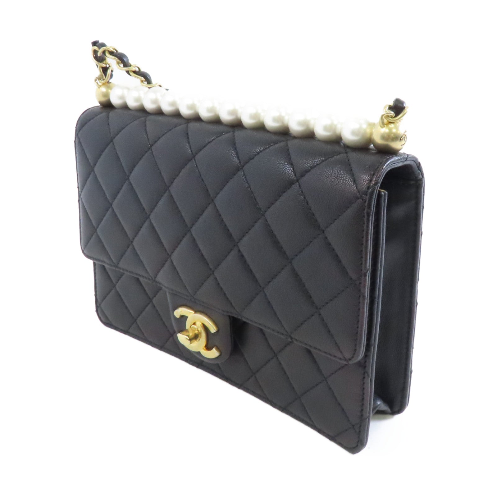CHANEL 菱格牛皮皮革Chain Shoulder金扣鏈帶肩背袋黑色