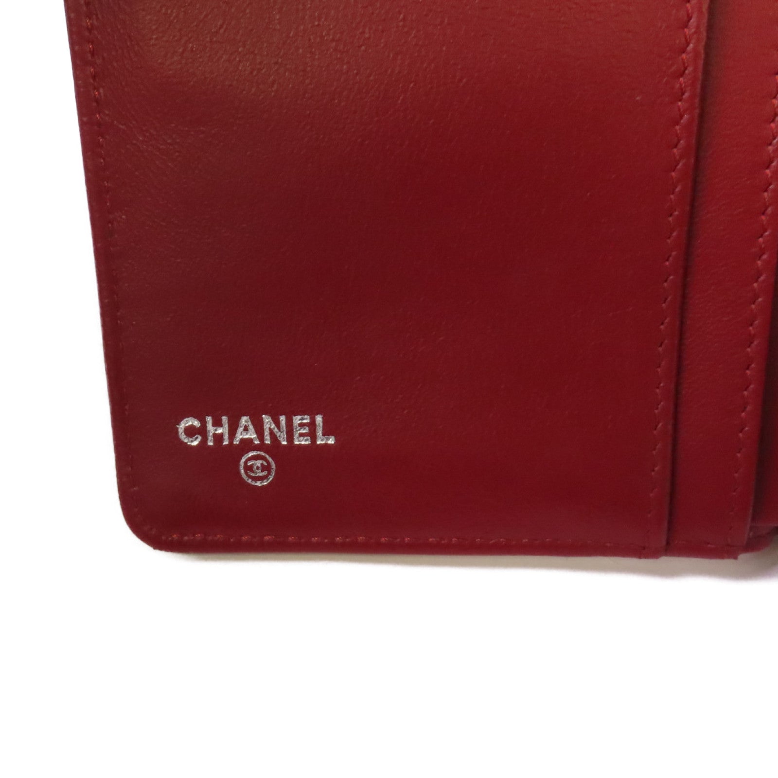 CHANEL 菱格羊皮皮革Long Wallet銀扣長錢包紅色