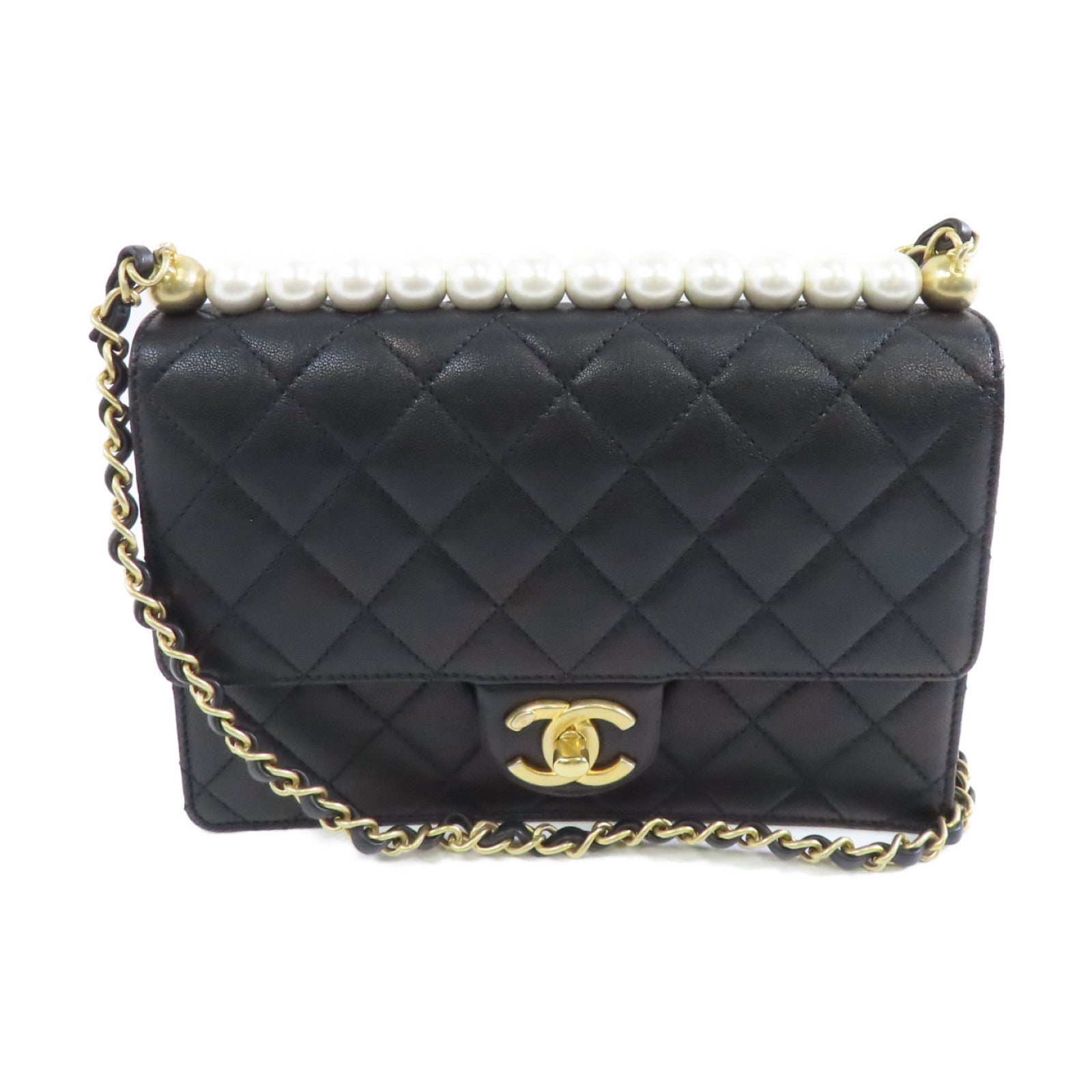 CHANEL 菱格牛皮皮革Chain Shoulder金扣鏈帶肩背袋黑色