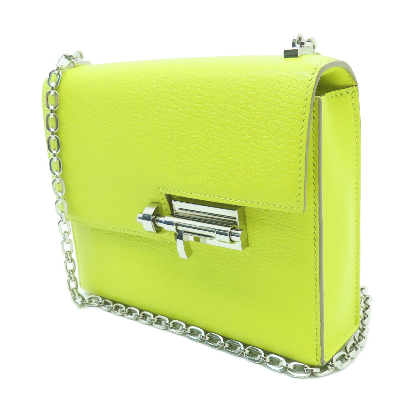 HERMES 【激減優惠】Chevre皮革Verrou Mini銀扣鏈帶肩背袋Lime檸檬黃