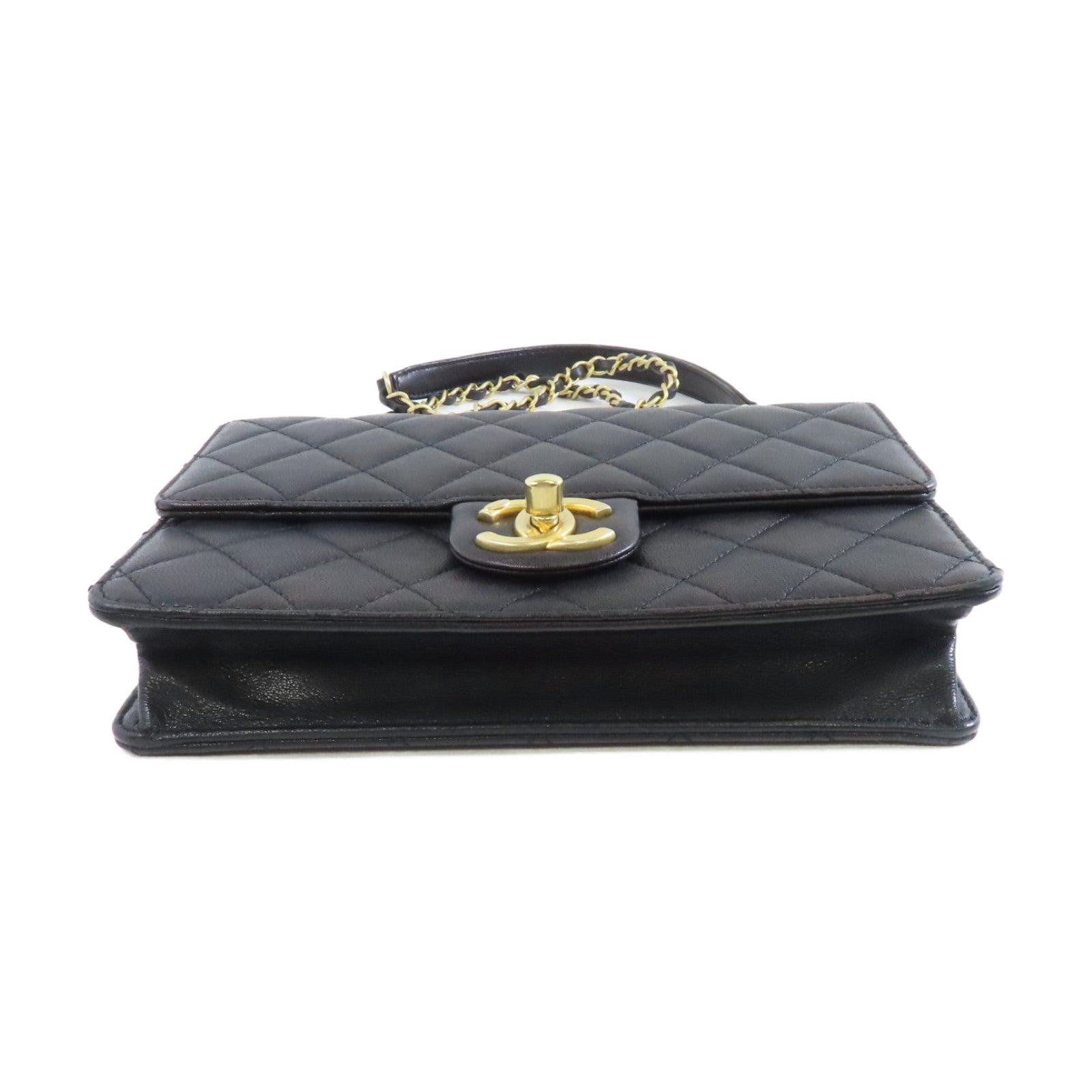 CHANEL 菱格牛皮皮革Chain Shoulder金扣鏈帶肩背袋黑色