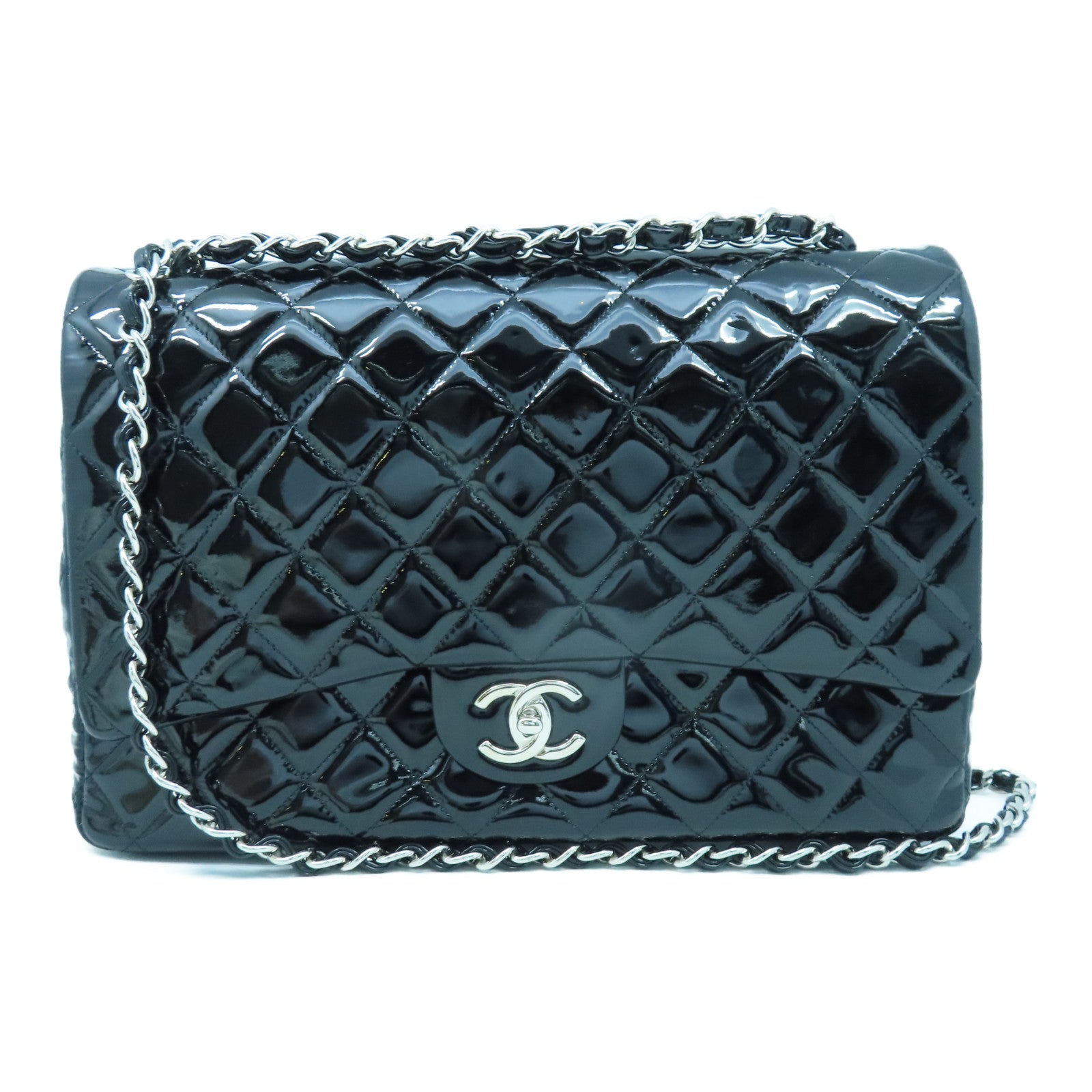 CHANEL 【激減優惠】菱格漆皮皮革Maxi Classic銀扣鏈帶肩背袋黑色