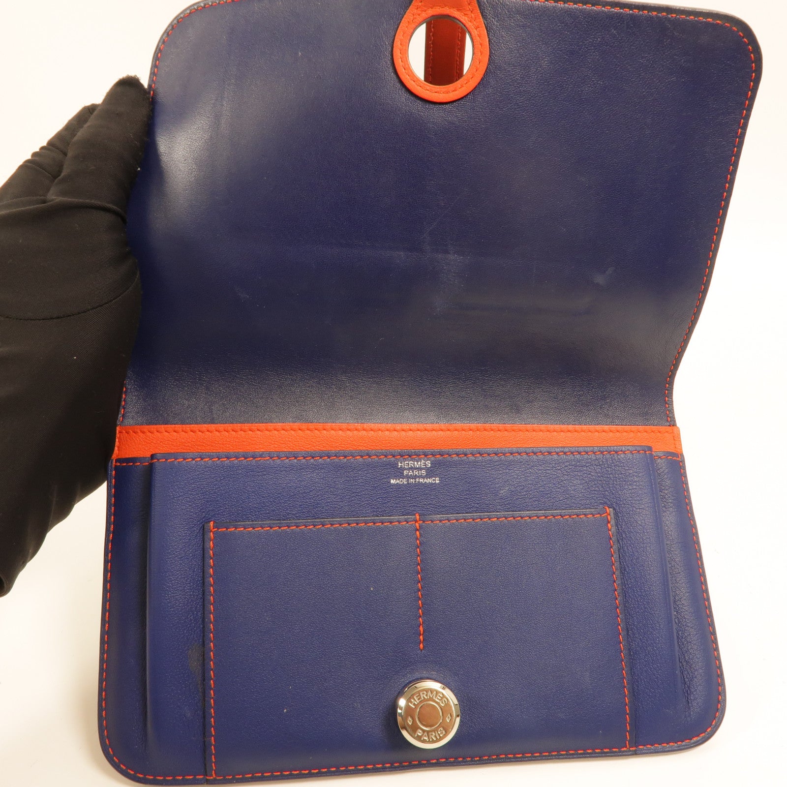 HERMES Swift皮革Dogon GM長錢包Bleu Marine/Feu