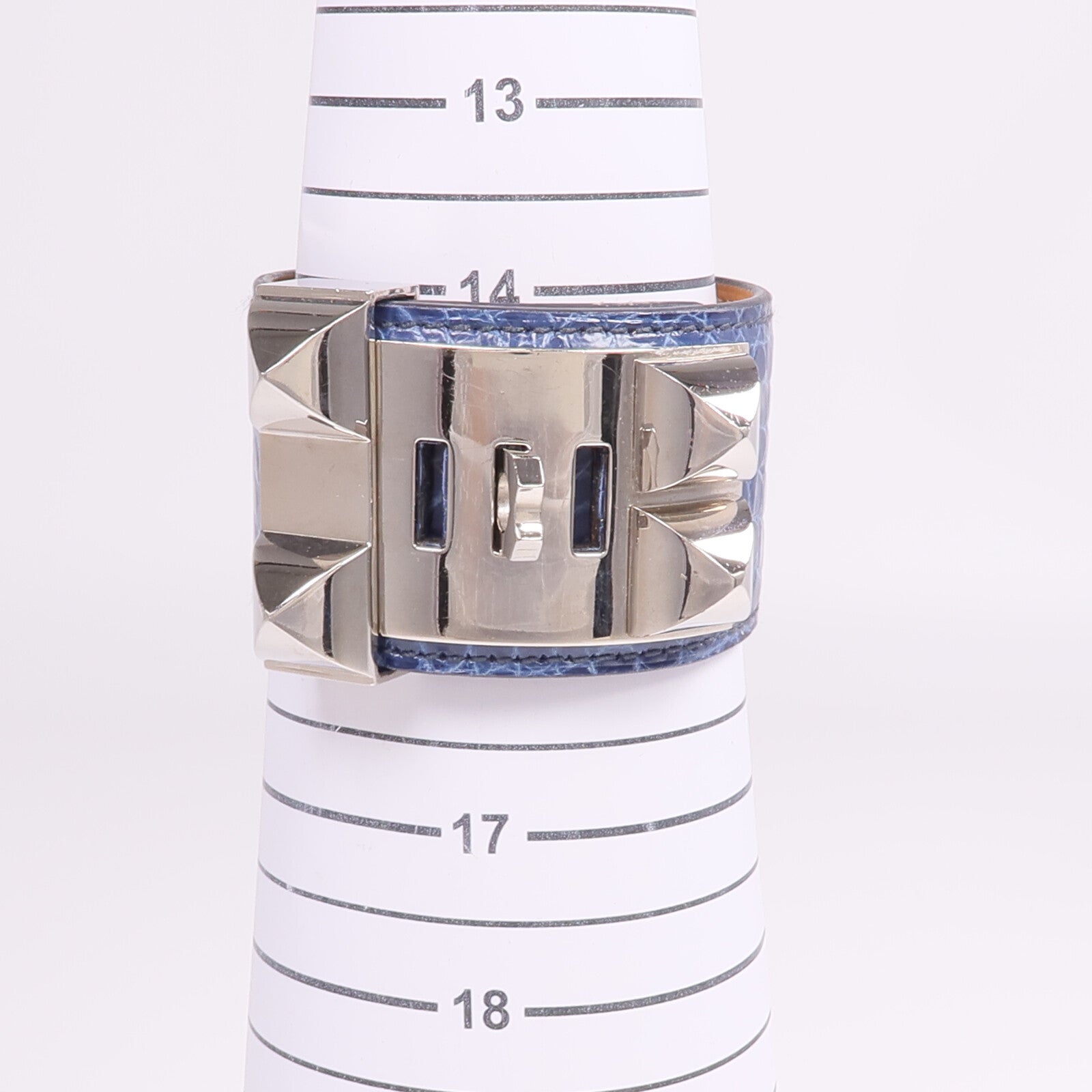 HERMES Alligator皮革Collier de Chien Bracelet銀扣手鐲Bleu Colvert