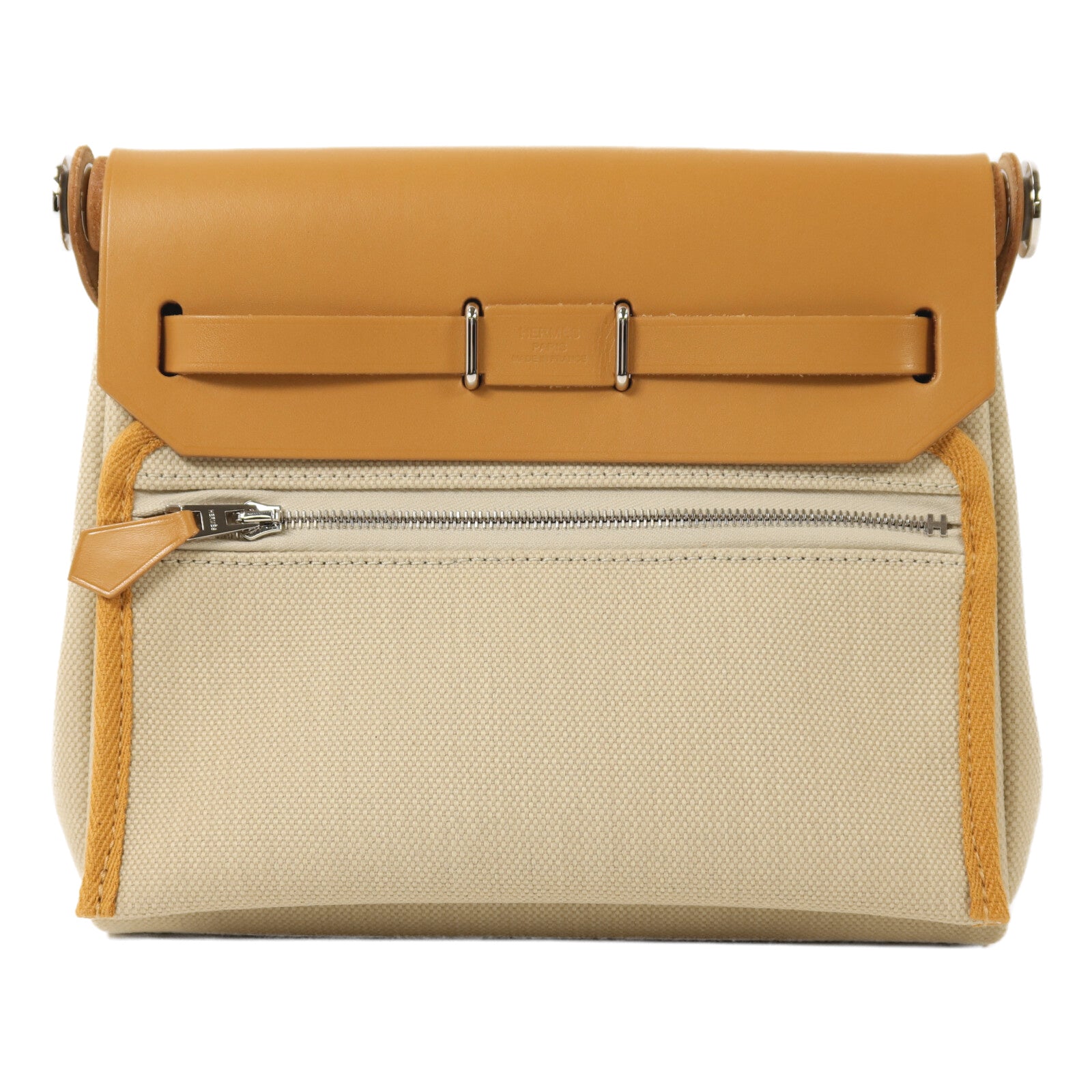 HERMES 帆布Mini Herbag銀扣肩背袋Beton/Natural Sable
