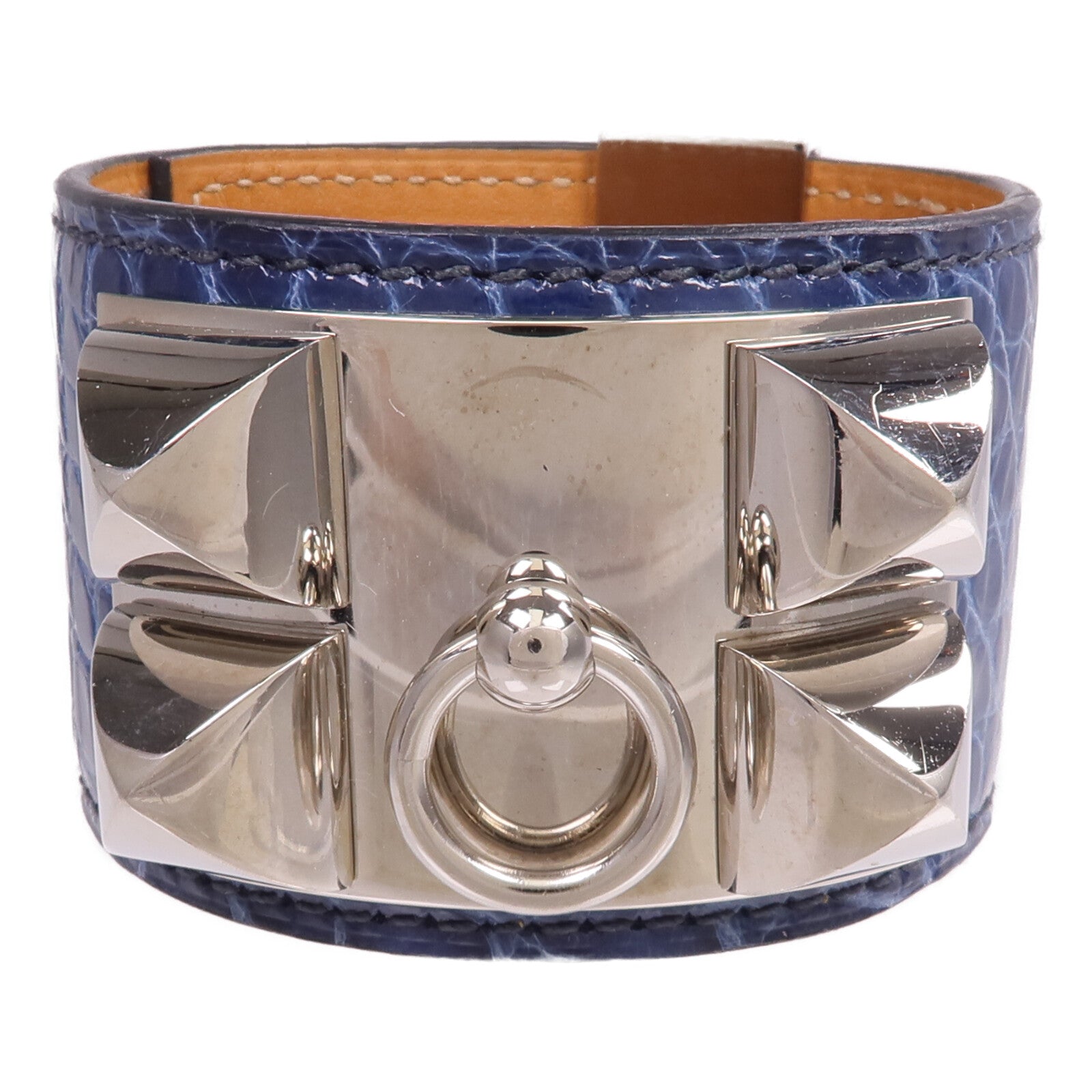 HERMES Alligator皮革Collier de Chien Bracelet銀扣手鐲Bleu Colvert