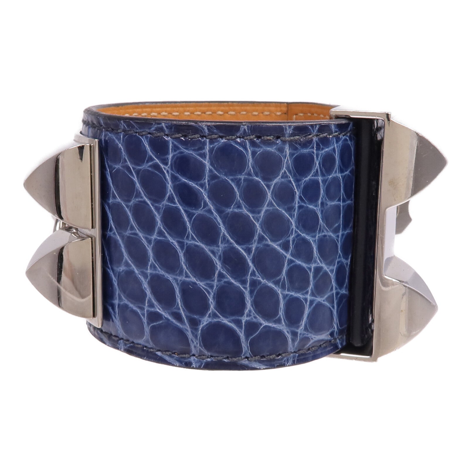HERMES Alligator皮革Collier de Chien Bracelet銀扣手鐲Bleu Colvert