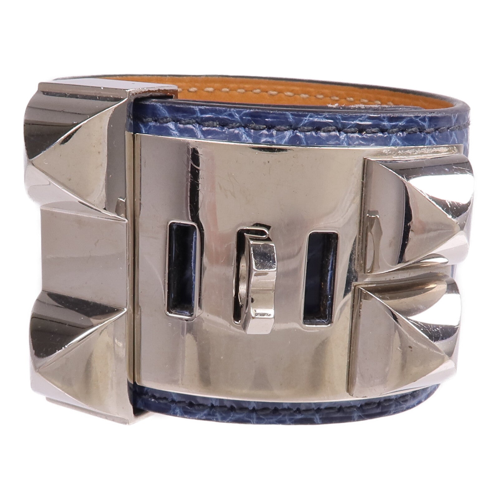 HERMES Alligator皮革Collier de Chien Bracelet銀扣手鐲Bleu Colvert