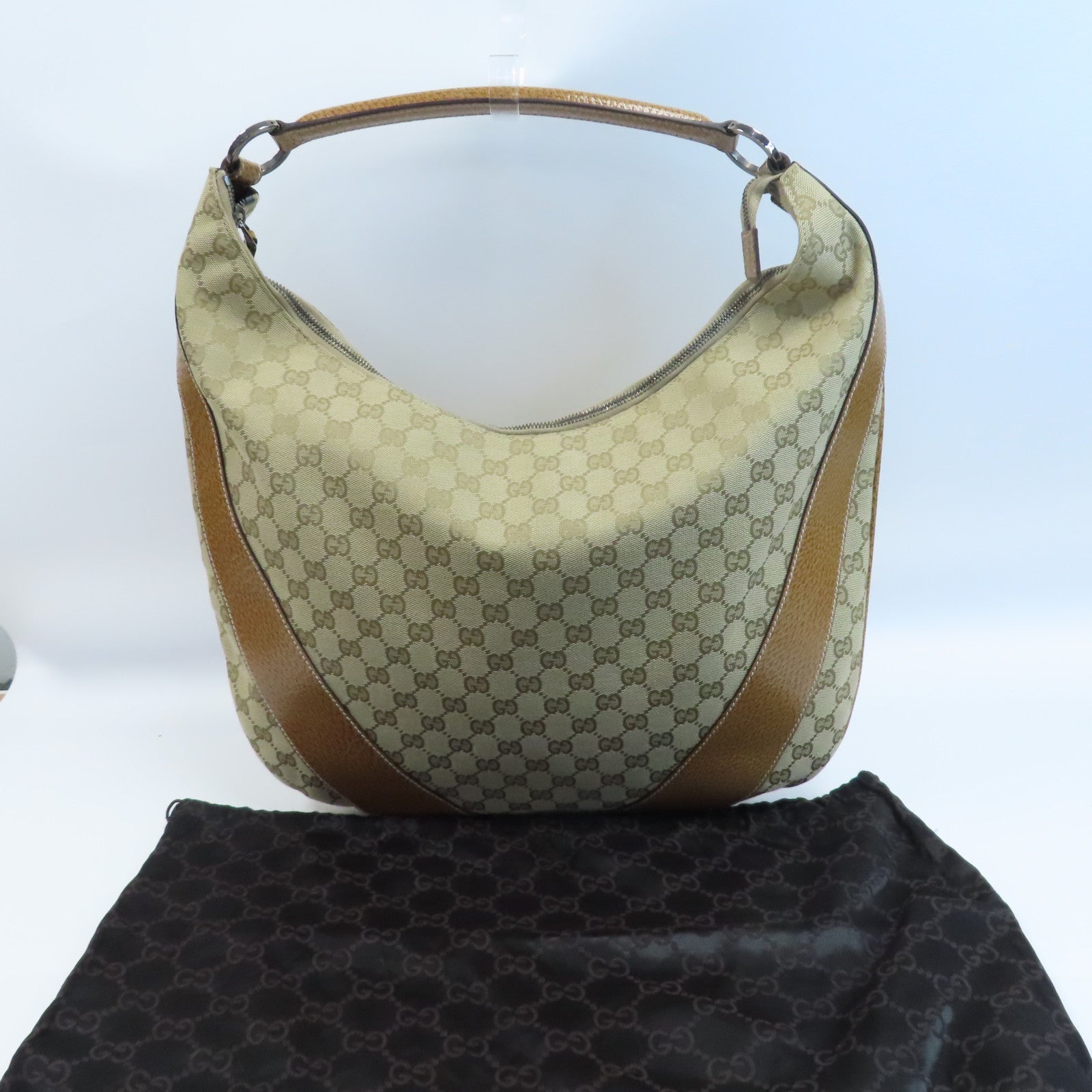 GUCCI 帆布Shoulder Bag銀扣肩背袋米色/啡色