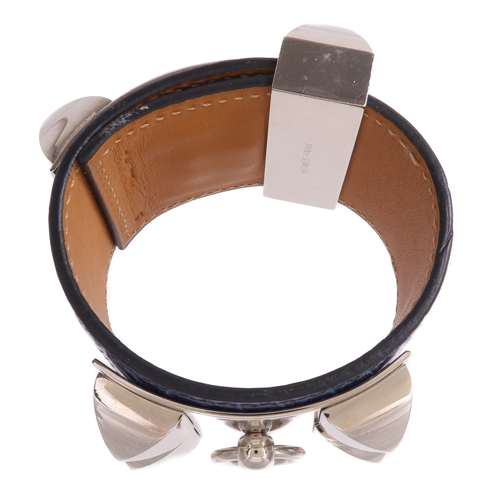 HERMES Alligator皮革Collier de Chien Bracelet銀扣手鐲Bleu Colvert
