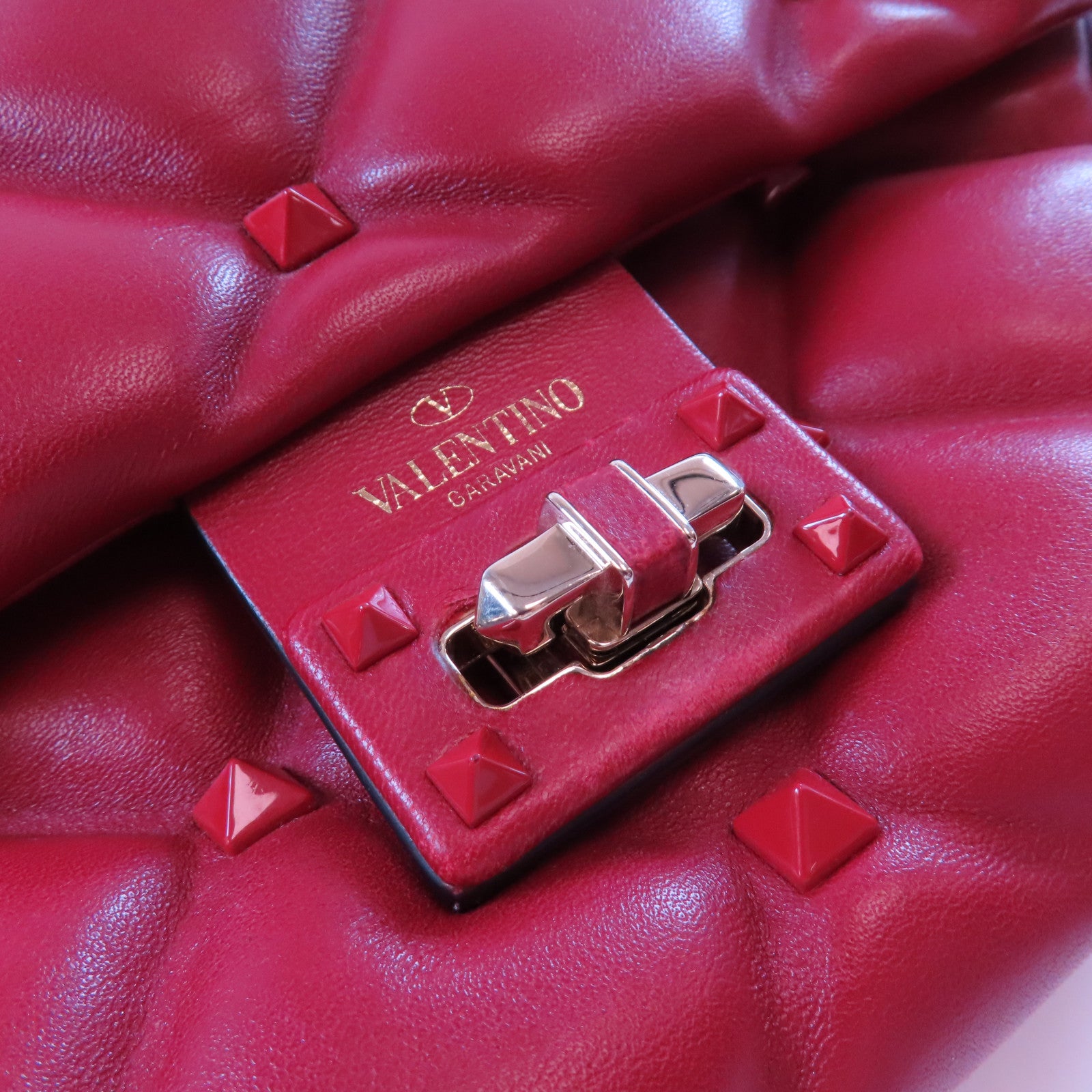 Valentino 牛皮皮革Shoulder金扣手挽肩背兩用袋紅色