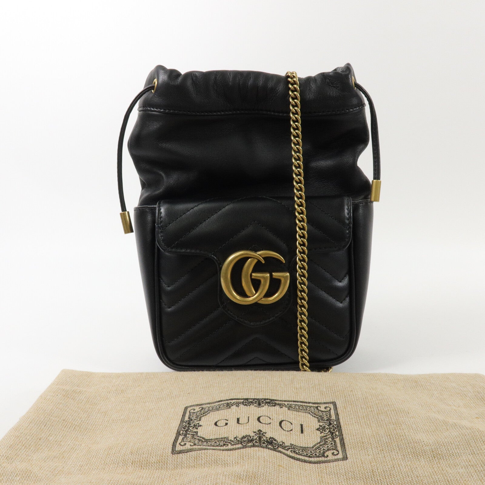 GUCCI 牛皮皮革GG Marmont Mini Bucket鏈帶肩背袋