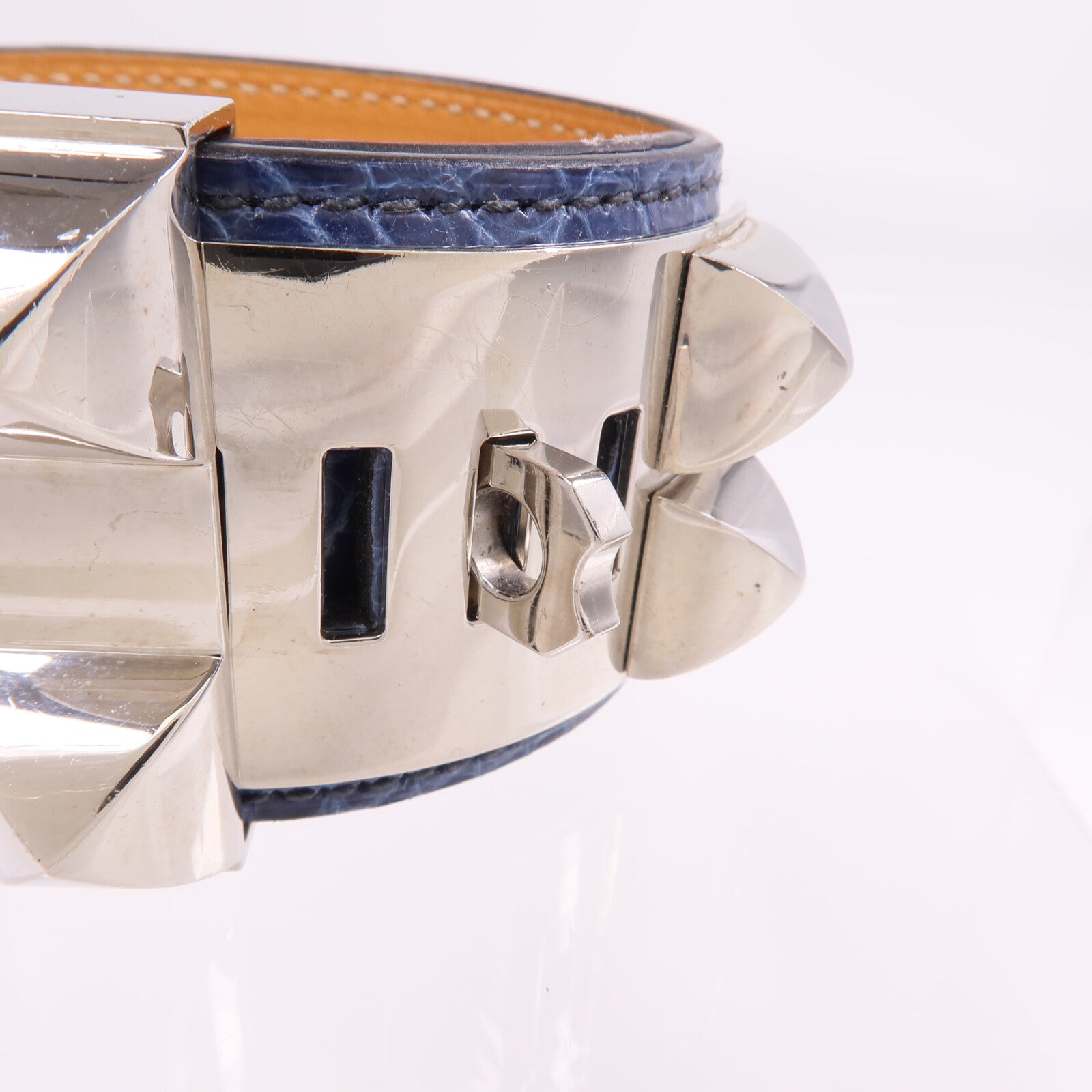 HERMES Alligator皮革Collier de Chien Bracelet銀扣手鐲Bleu Colvert