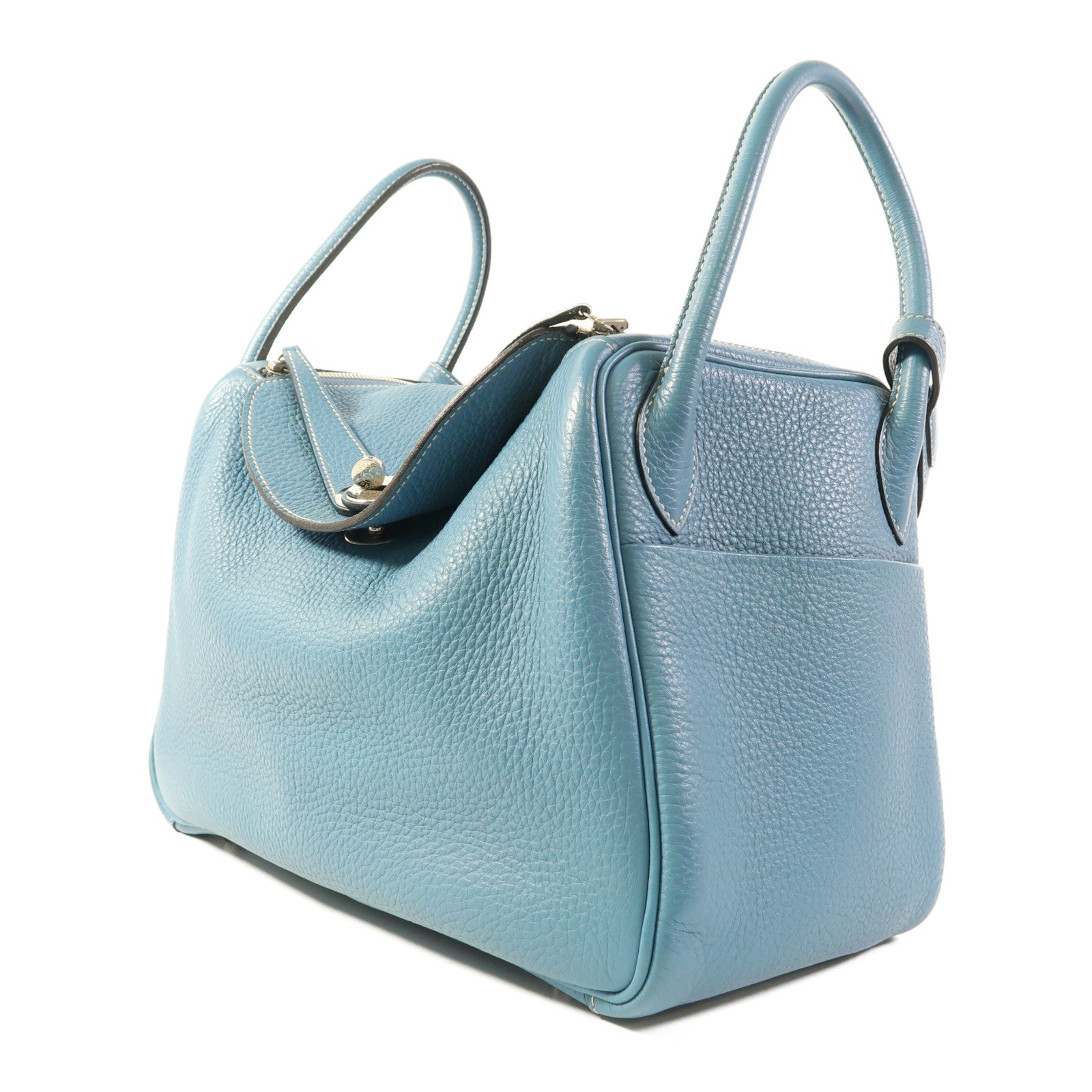 HERMES Clemence皮革Lindy 30銀扣手挽肩背兩用袋Bleu Jean