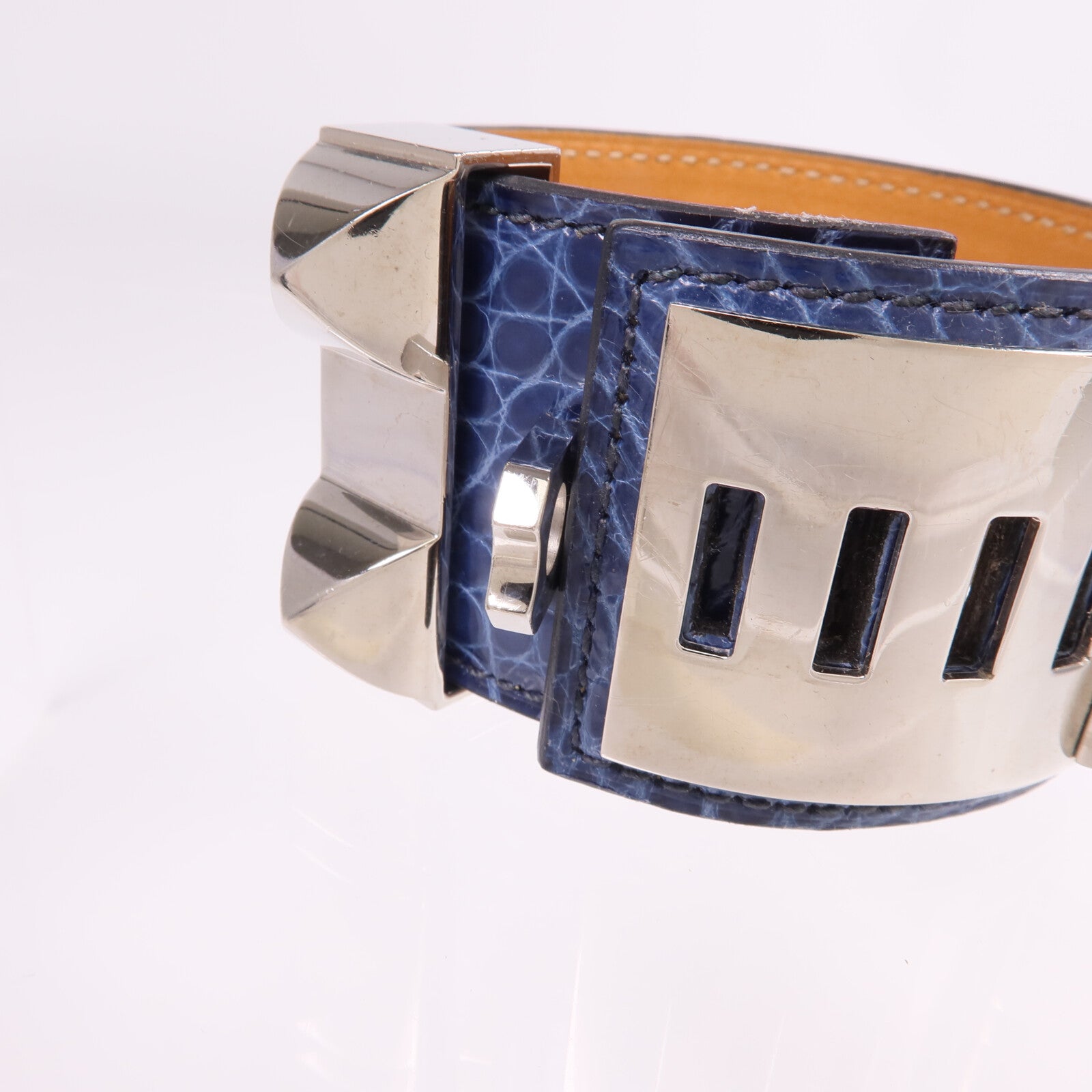HERMES Alligator皮革Collier de Chien Bracelet銀扣手鐲Bleu Colvert