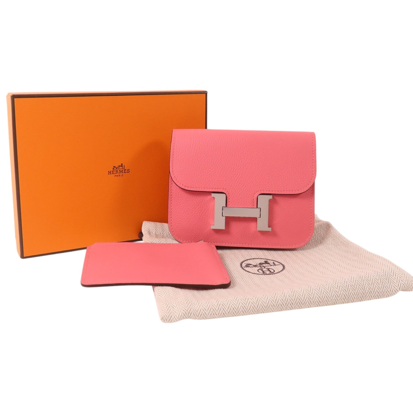 HERMES Evercolor皮革Constance Slim Wallet銀扣錢包Rose Azalee