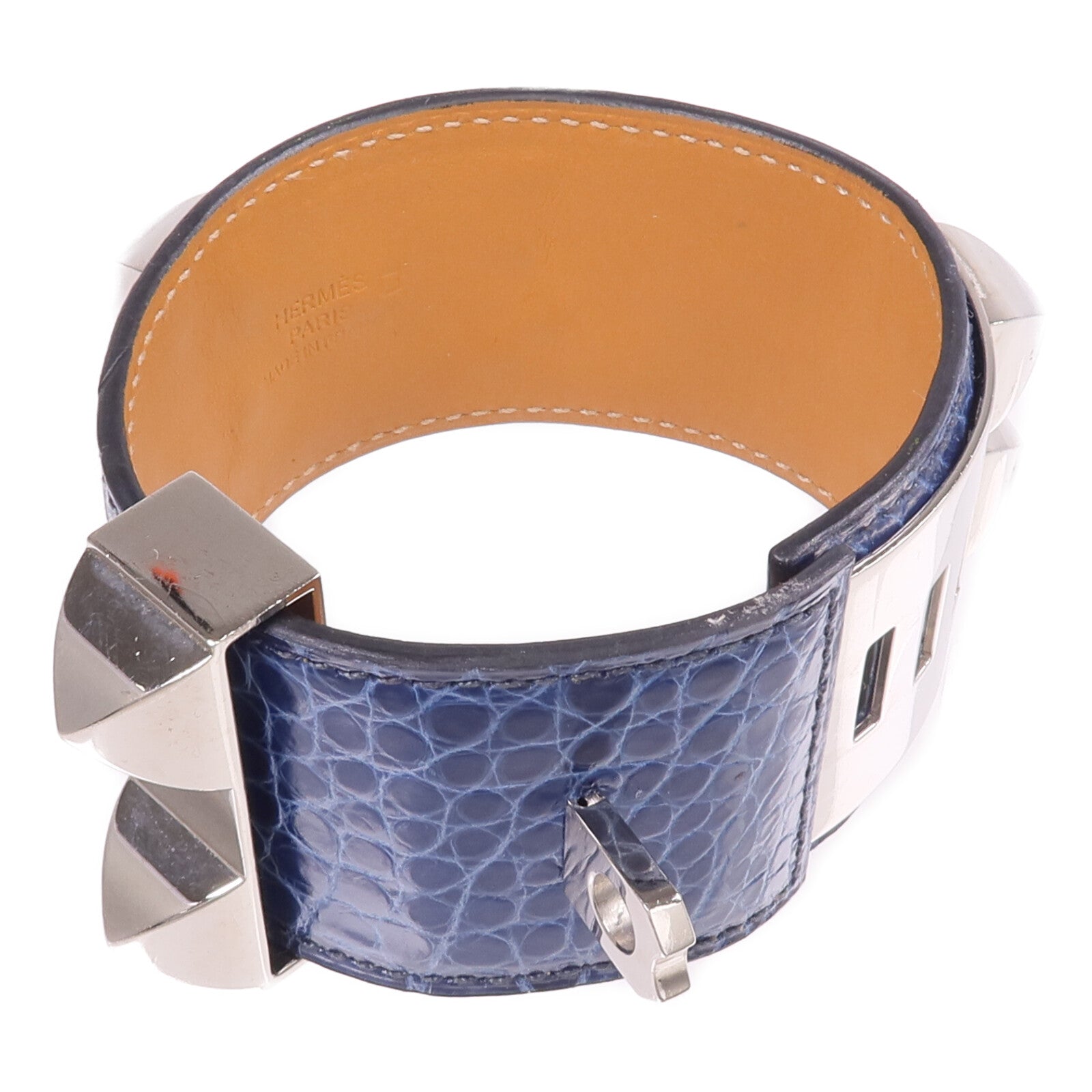 HERMES Alligator皮革Collier de Chien Bracelet銀扣手鐲Bleu Colvert
