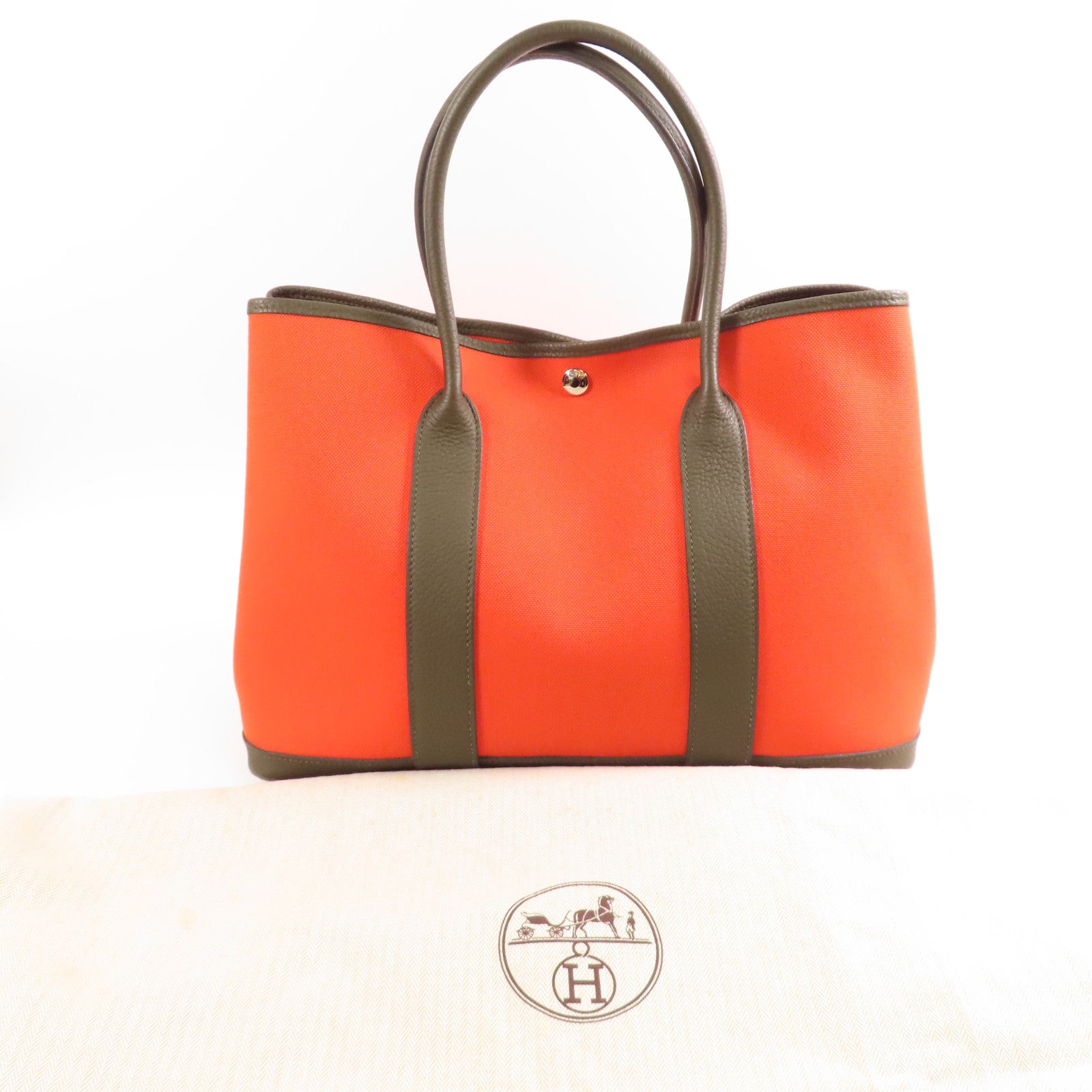 HERMES 【激減優惠】帆布/皮革Garden Party PM銀扣手挽袋Terre Battue/Rough