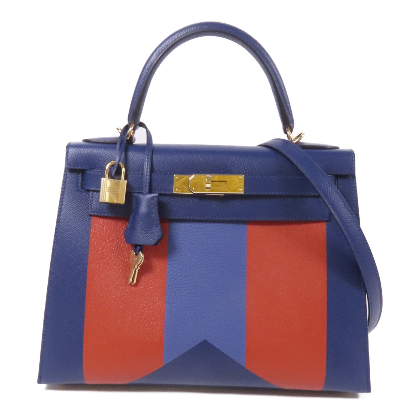 HERMES 【激減優惠】Epsom/Clemence皮革Kelly 28金扣手挽肩背兩用袋 Bleu Saphir/ Brique
