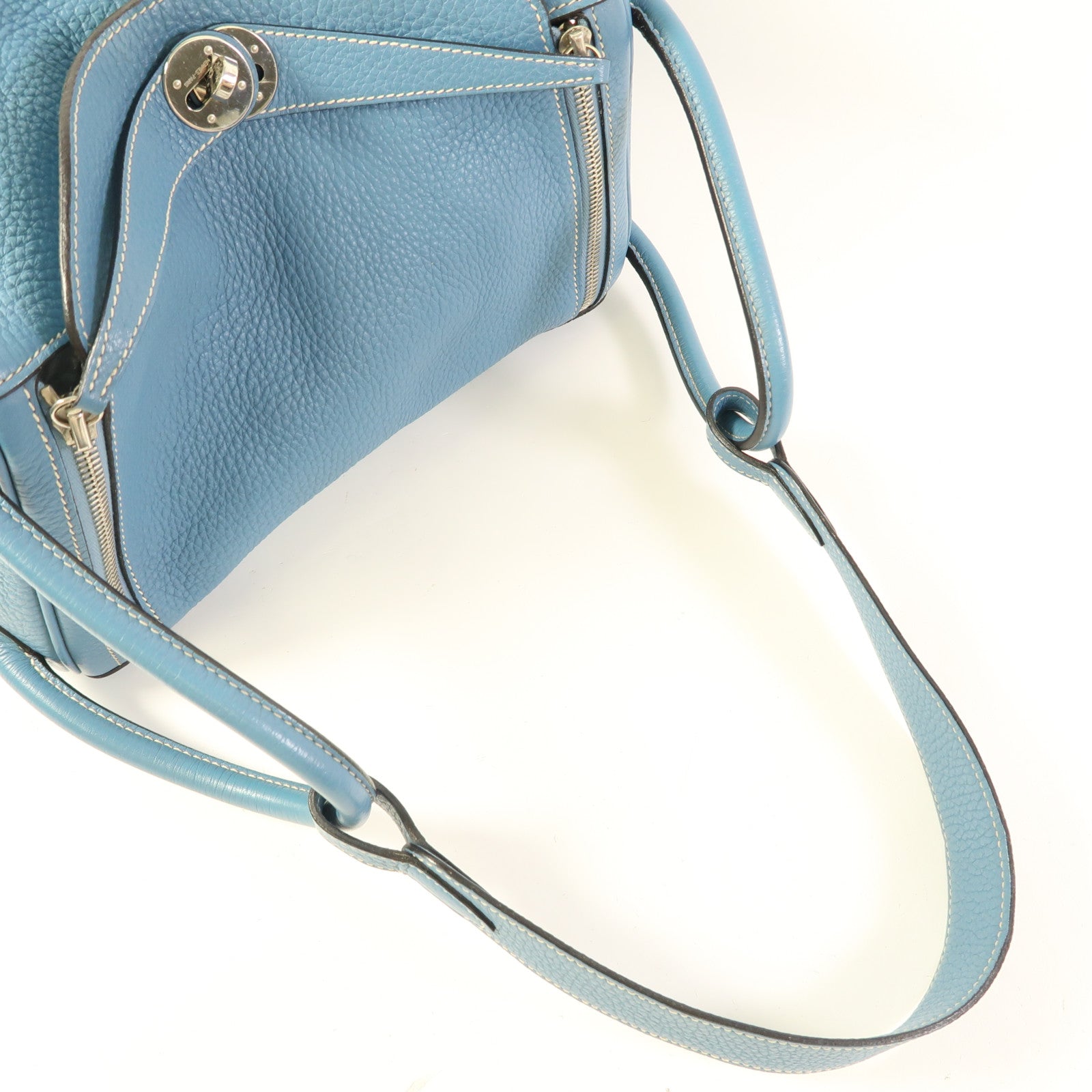HERMES Clemence皮革Lindy 30銀扣手挽肩背兩用袋Bleu Jean